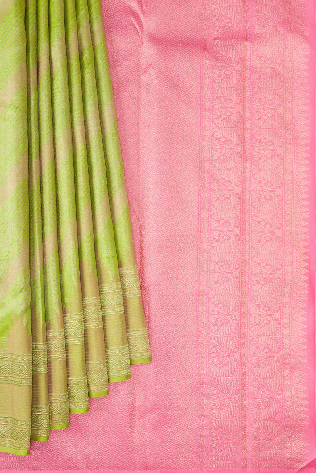 Pleats and pallu of Parrot Green Dual Tone Kanjivaram Silk Saree with Stripes on the body and Fancy Border. 
