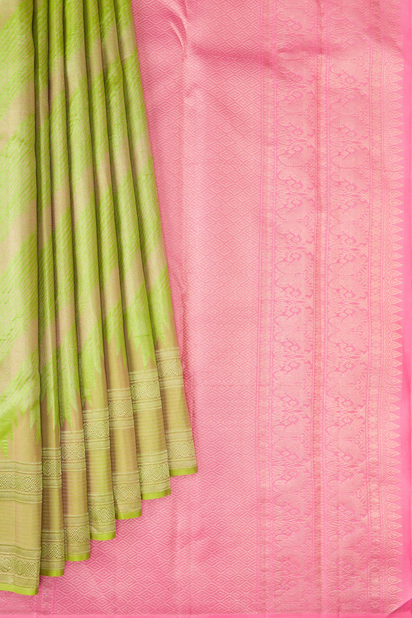 Pleats and pallu of Parrot Green Dual Tone Kanjivaram Silk Saree with Stripes on the body and Fancy Border. 