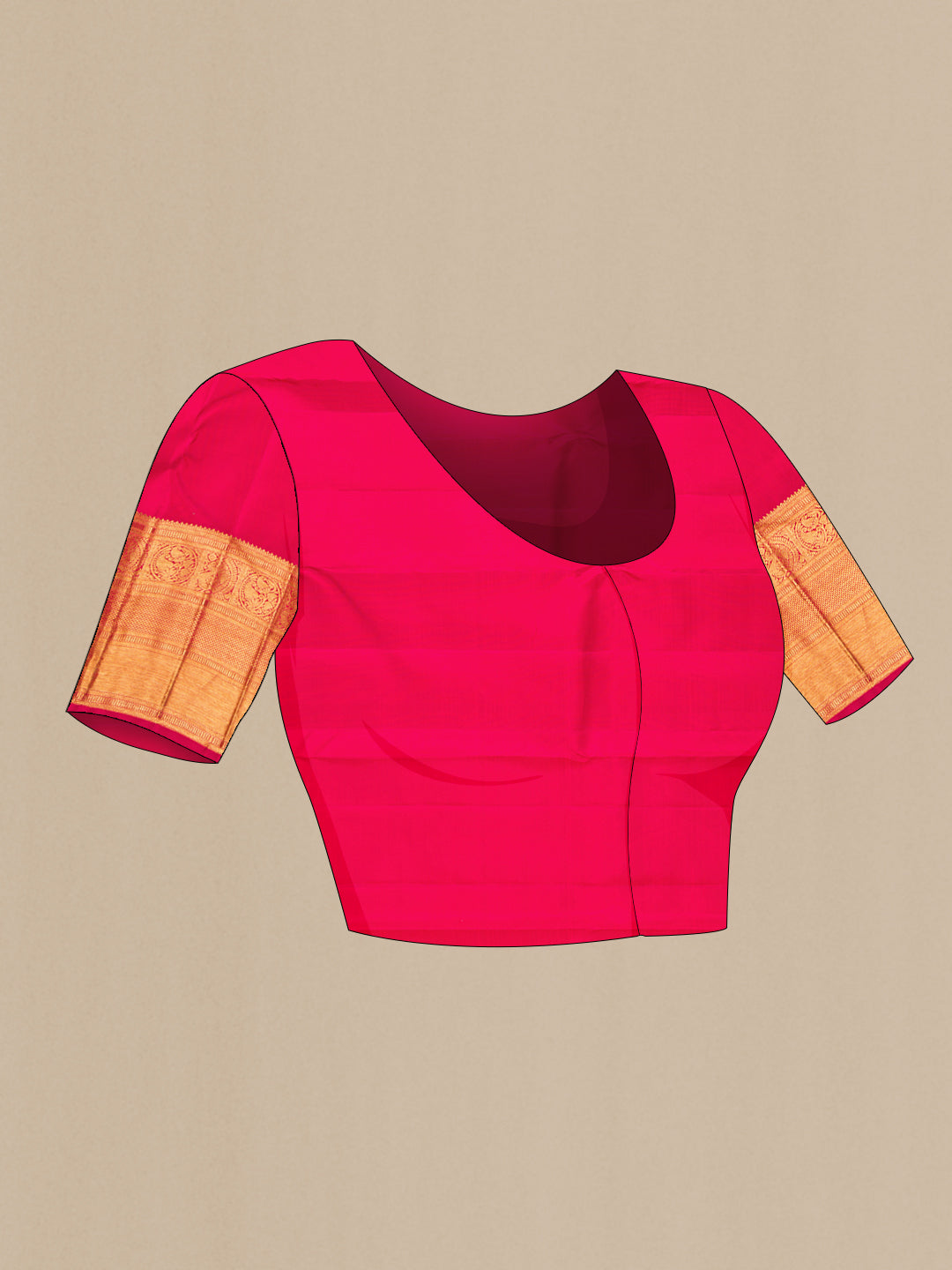 Close up image of the blouse of Pink Kanchipuram Silk Saree with Zari Brocade on the body and Zari Border. 
