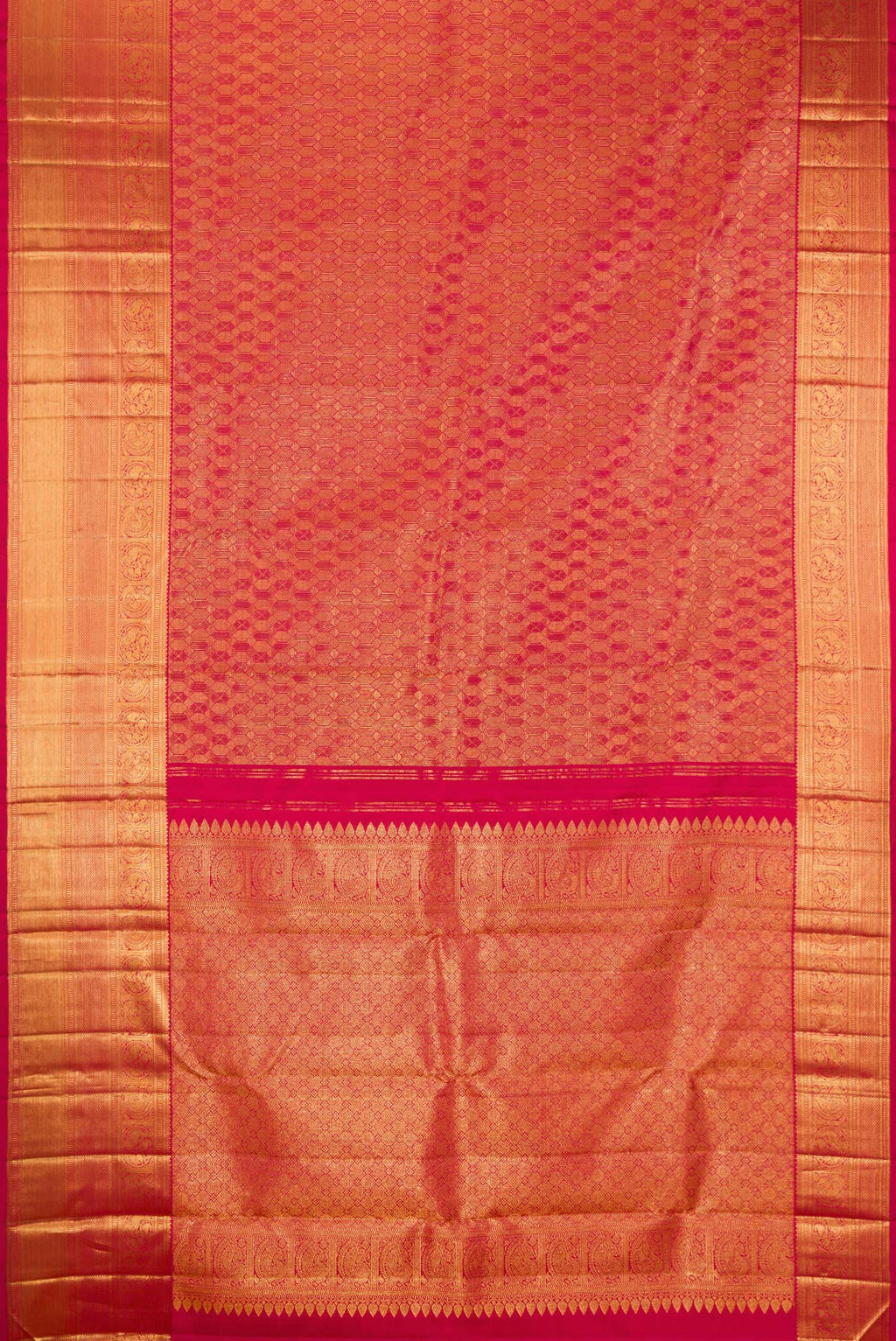Flat view of Pink Kanchipuram Silk Saree with Zari Brocade on the body and Zari Border. 