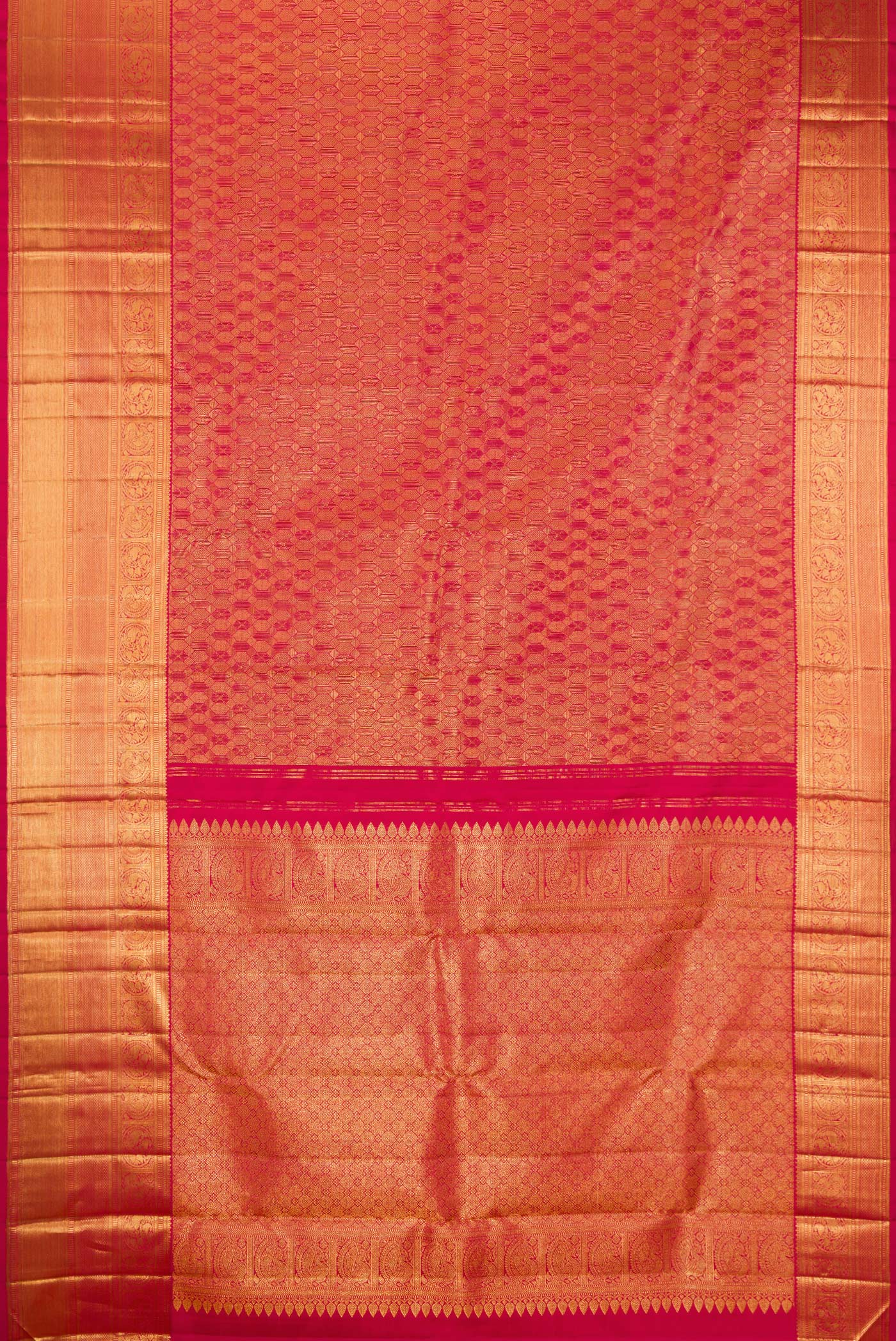 Flat view of Pink Kanchipuram Silk Saree with Zari Brocade on the body and Zari Border. 