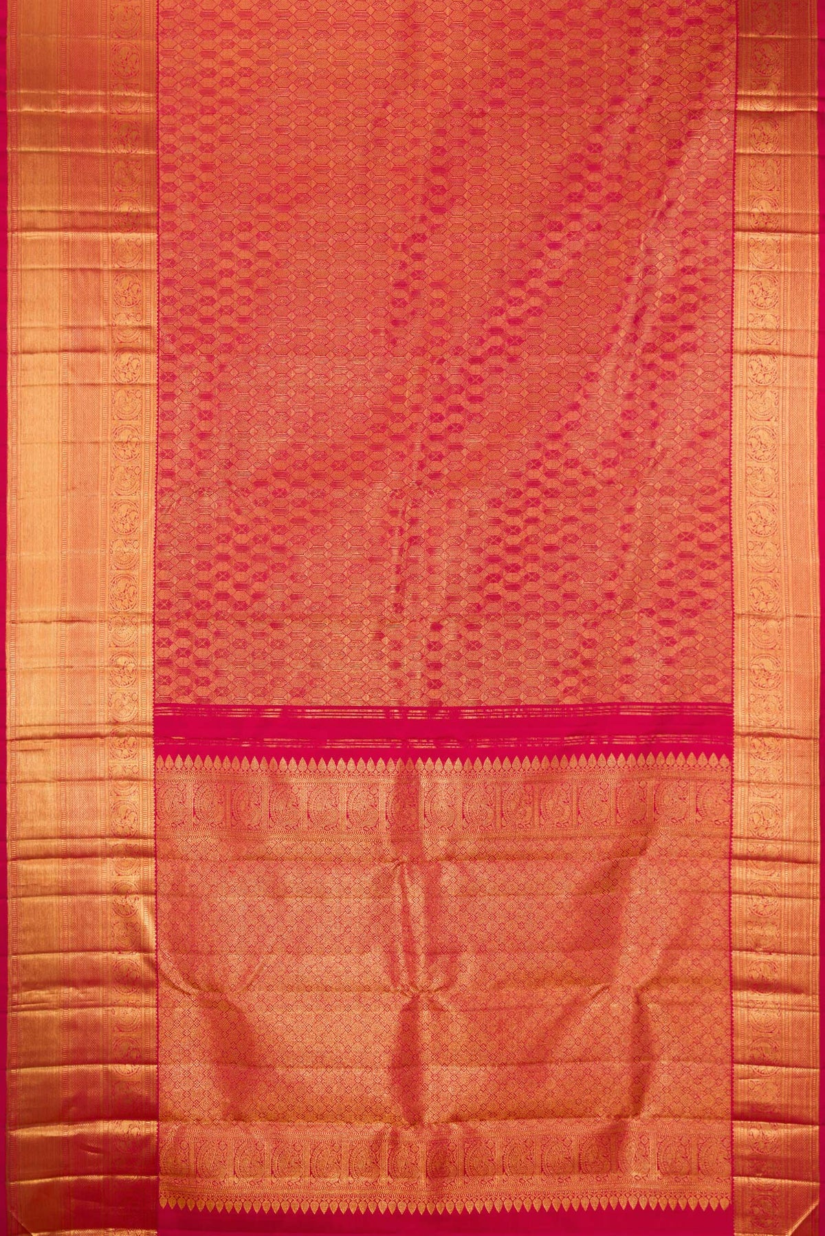 Flat view of Pink Kanchipuram Silk Saree with Zari Brocade on the body and Zari Border. 