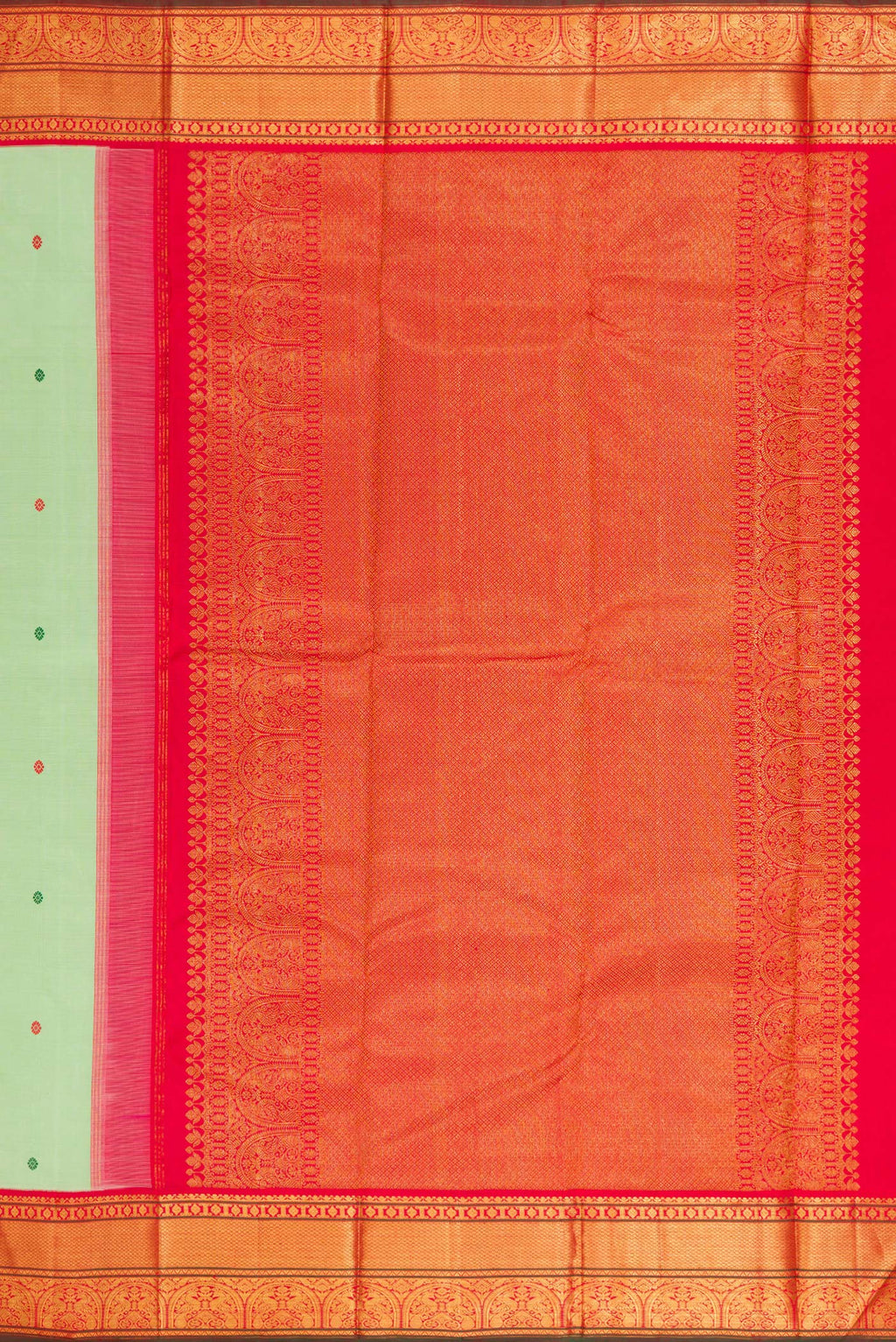 Close up image of the pallu of Pure Silk Pure Zari Pista Green Dual Tone Kanchipuram Saree with Thread Butta on the body and Zari Border. 