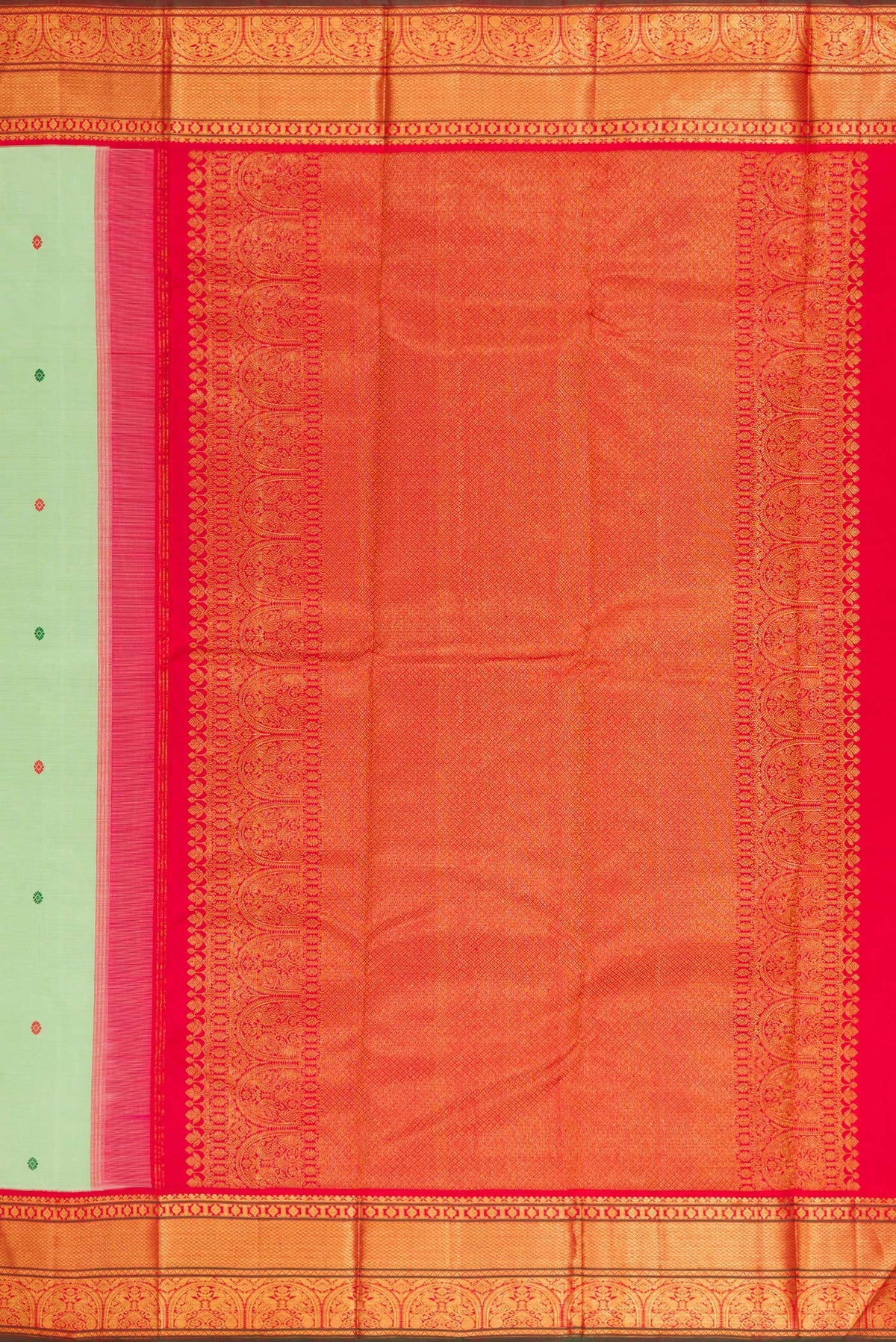 Close up image of the pallu of Pure Silk Pure Zari Pista Green Dual Tone Kanchipuram Saree with Thread Butta on the body and Zari Border. 