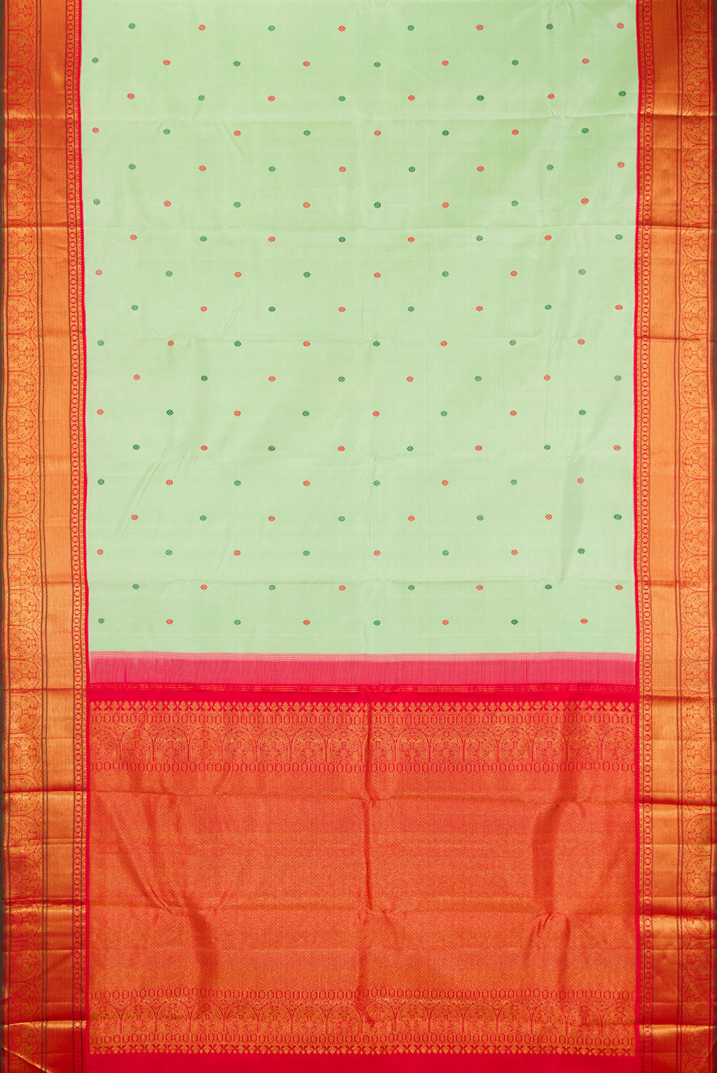 Flat view of Pure Silk Pure Zari Pista Green Dual Tone Kanchipuram Saree with Thread Butta on the body and Zari Border. 