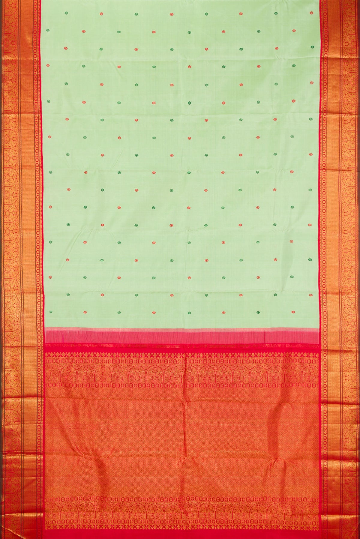 Flat view of Pure Silk Pure Zari Pista Green Dual Tone Kanchipuram Saree with Thread Butta on the body and Zari Border. 