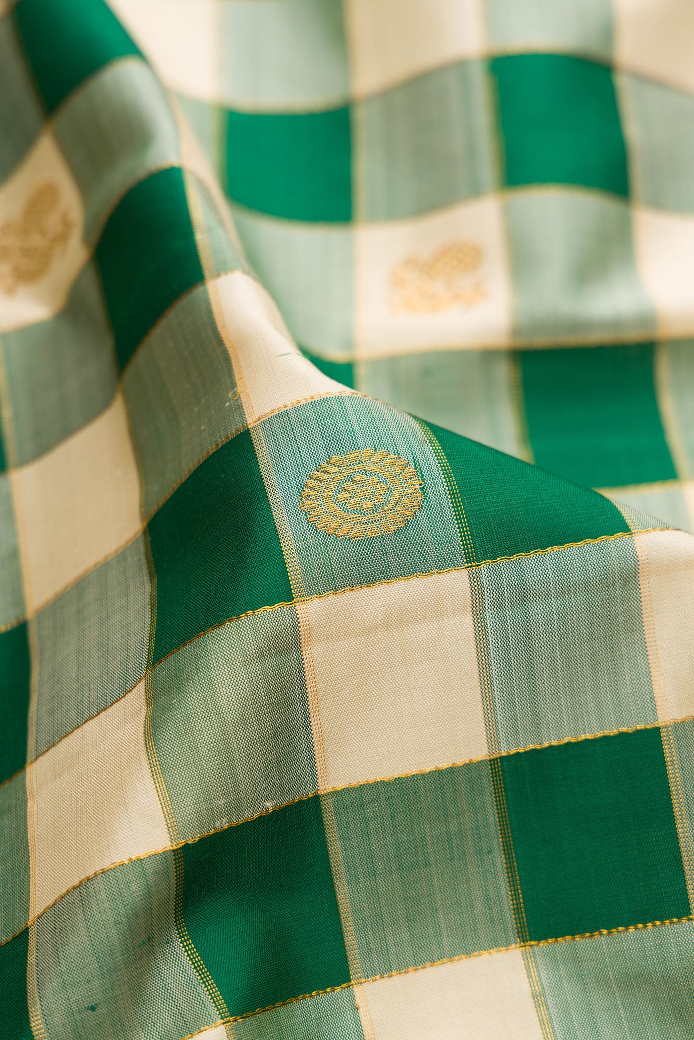 Close up of Green Kanchipuram Silk Saree with Checked design on the body and Zari Border.  displaying folds