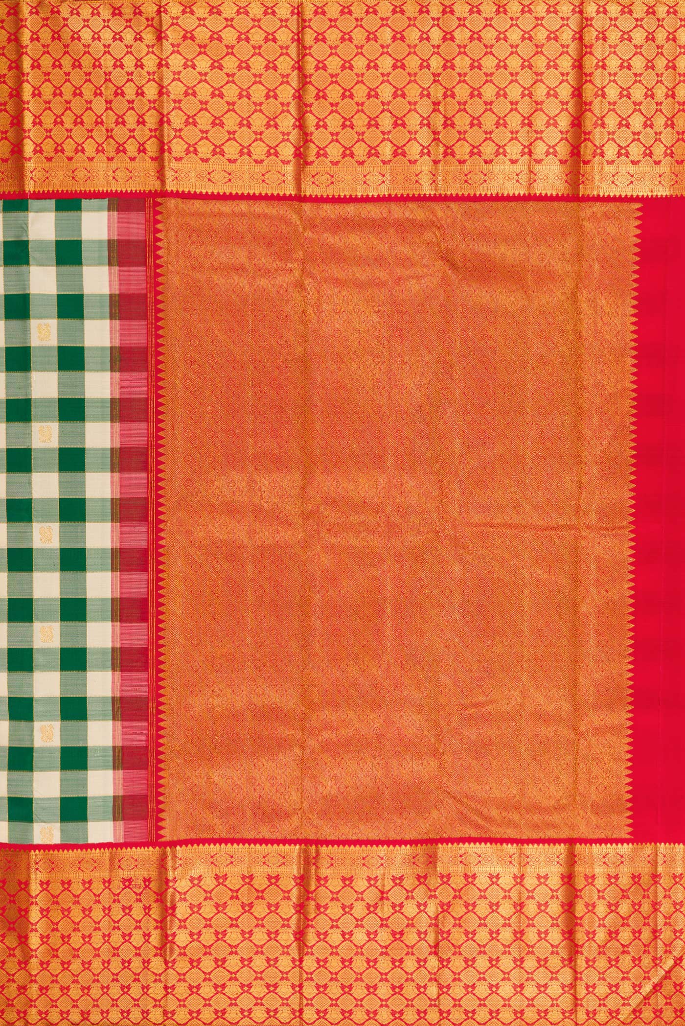 Close up image of the pallu of Green Kanchipuram Silk Saree with Checked design on the body and Zari Border. 