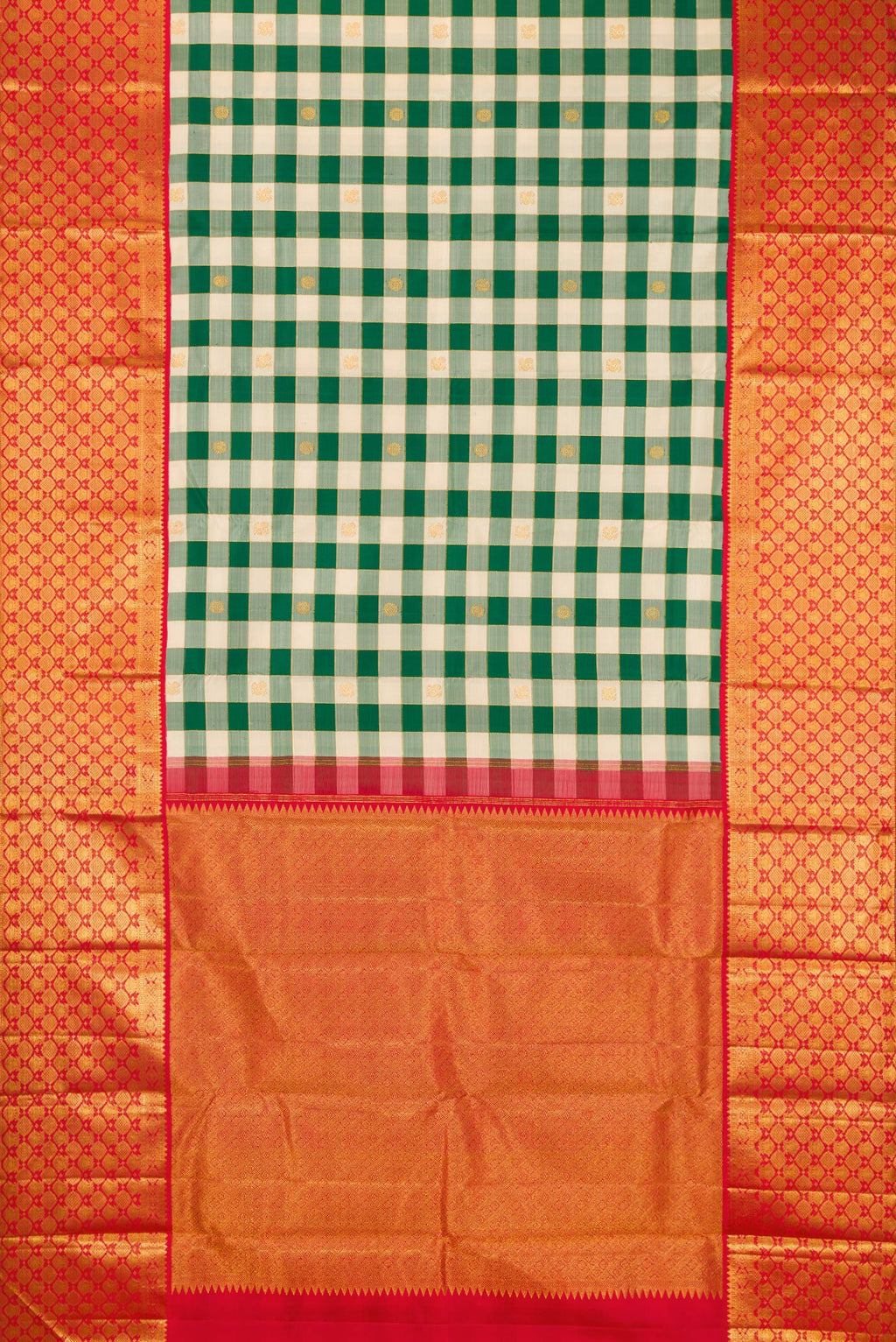 Flat view of Green Kanchipuram Silk Saree with Checked design on the body and Zari Border. 