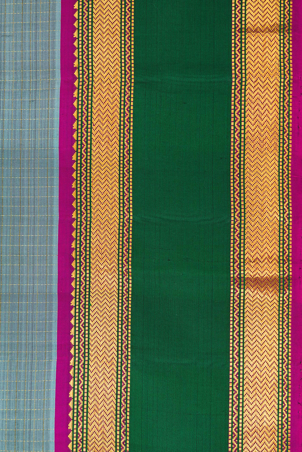 Border image of Pure Silk Grey Dual Tone Kanjivaram Saree with Checked design on the body and Zari Border. 