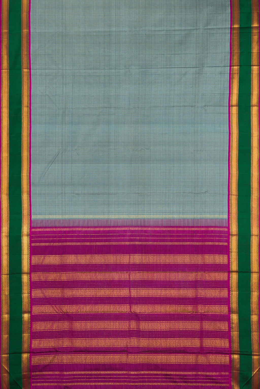 Flat view of Pure Silk Grey Dual Tone Kanjivaram Saree with Checked design on the body and Zari Border. 