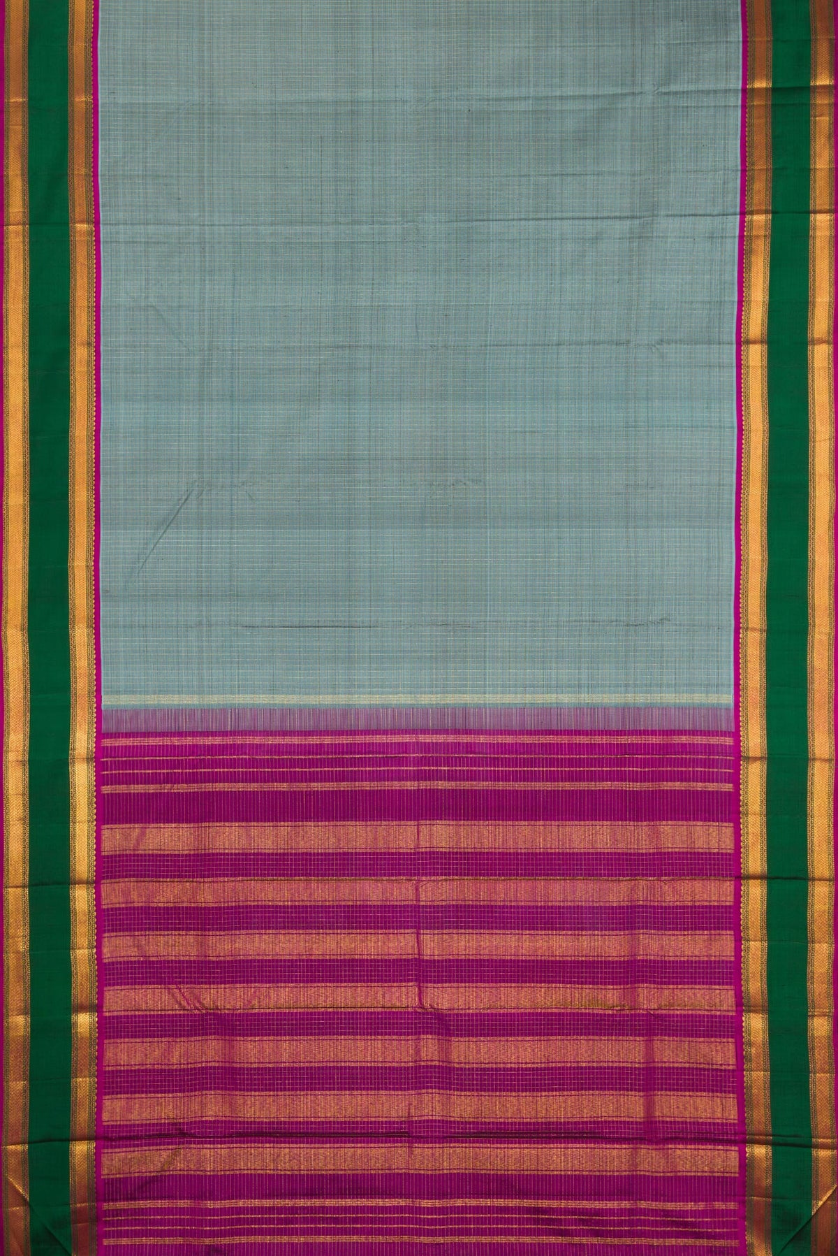 Flat view of Pure Silk Grey Dual Tone Kanjivaram Saree with Checked design on the body and Zari Border. 
