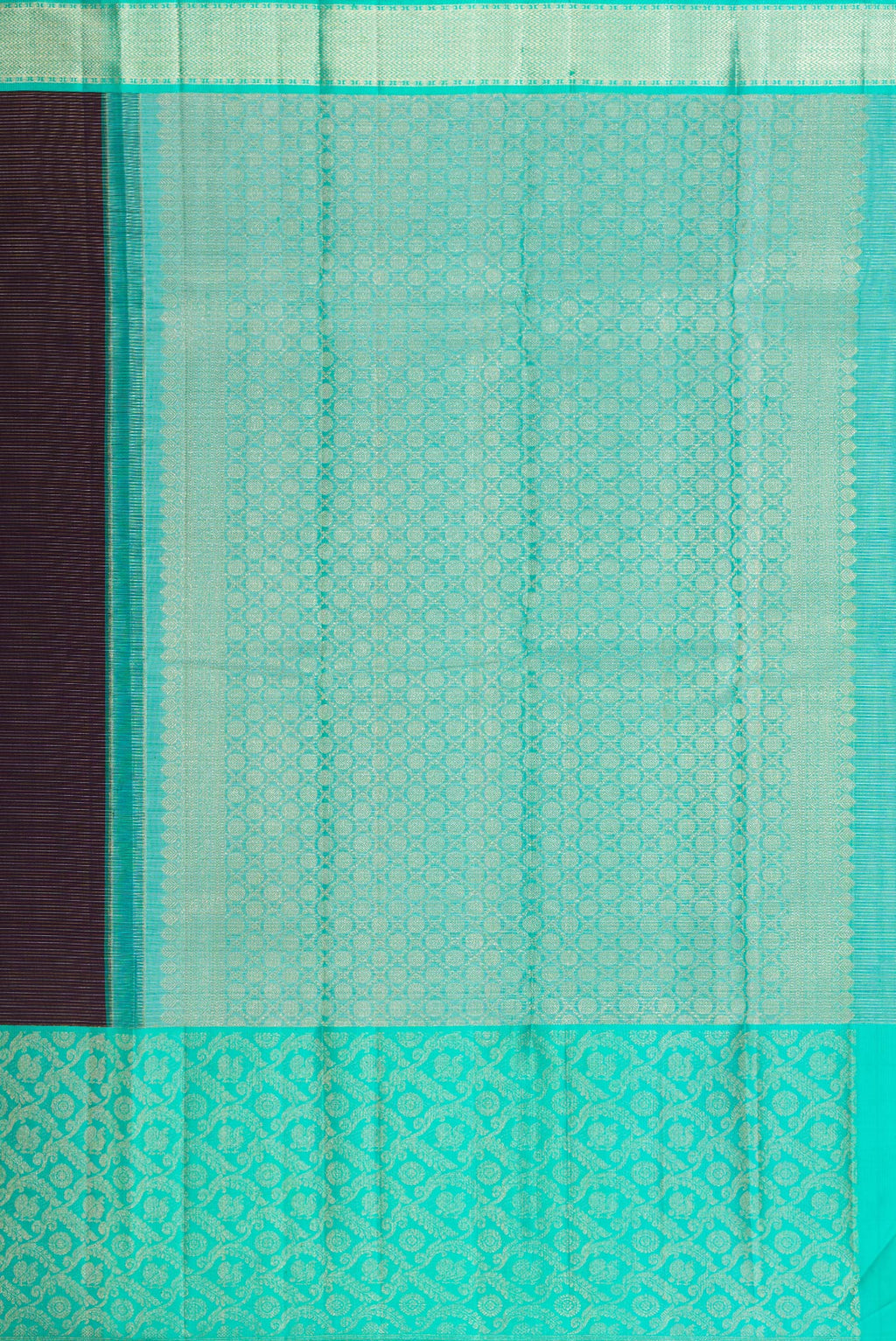 Close up image of the pallu of Pure Silk Purple Kanchipuram Saree with Zari Butta on the body and Fancy Border. 