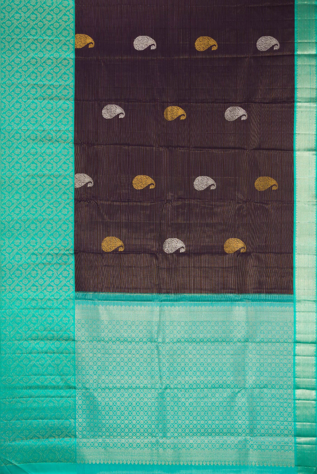 Flat view of Pure Silk Purple Kanchipuram Saree with Zari Butta on the body and Fancy Border. 