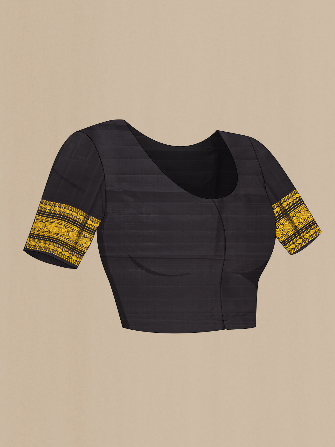 Close up image of the blouse of Yellow Kanjivaram Silk Saree with Stripes on the body and Zari Border. 