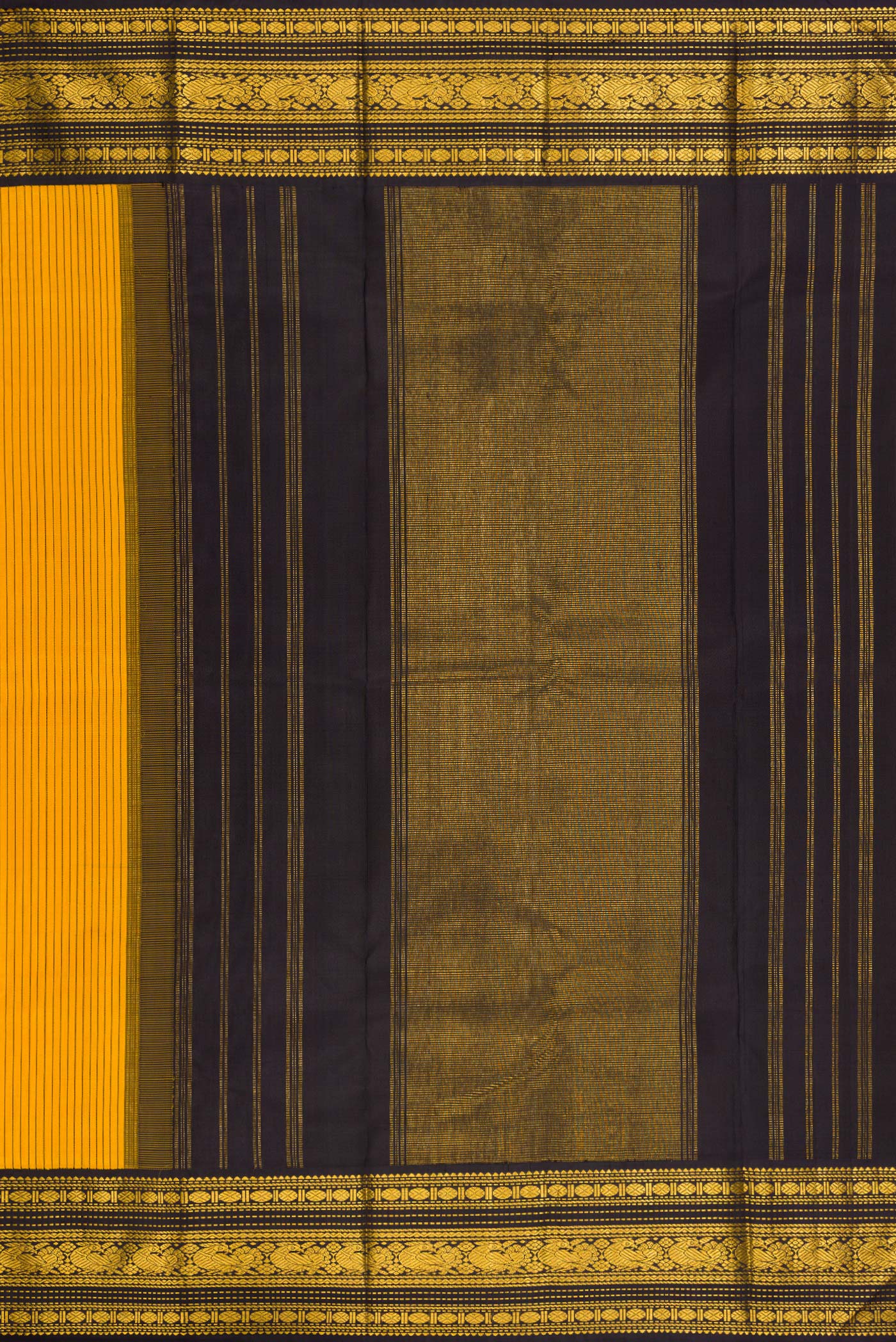 Close up image of the pallu of Yellow Kanjivaram Silk Saree with Stripes on the body and Zari Border. 