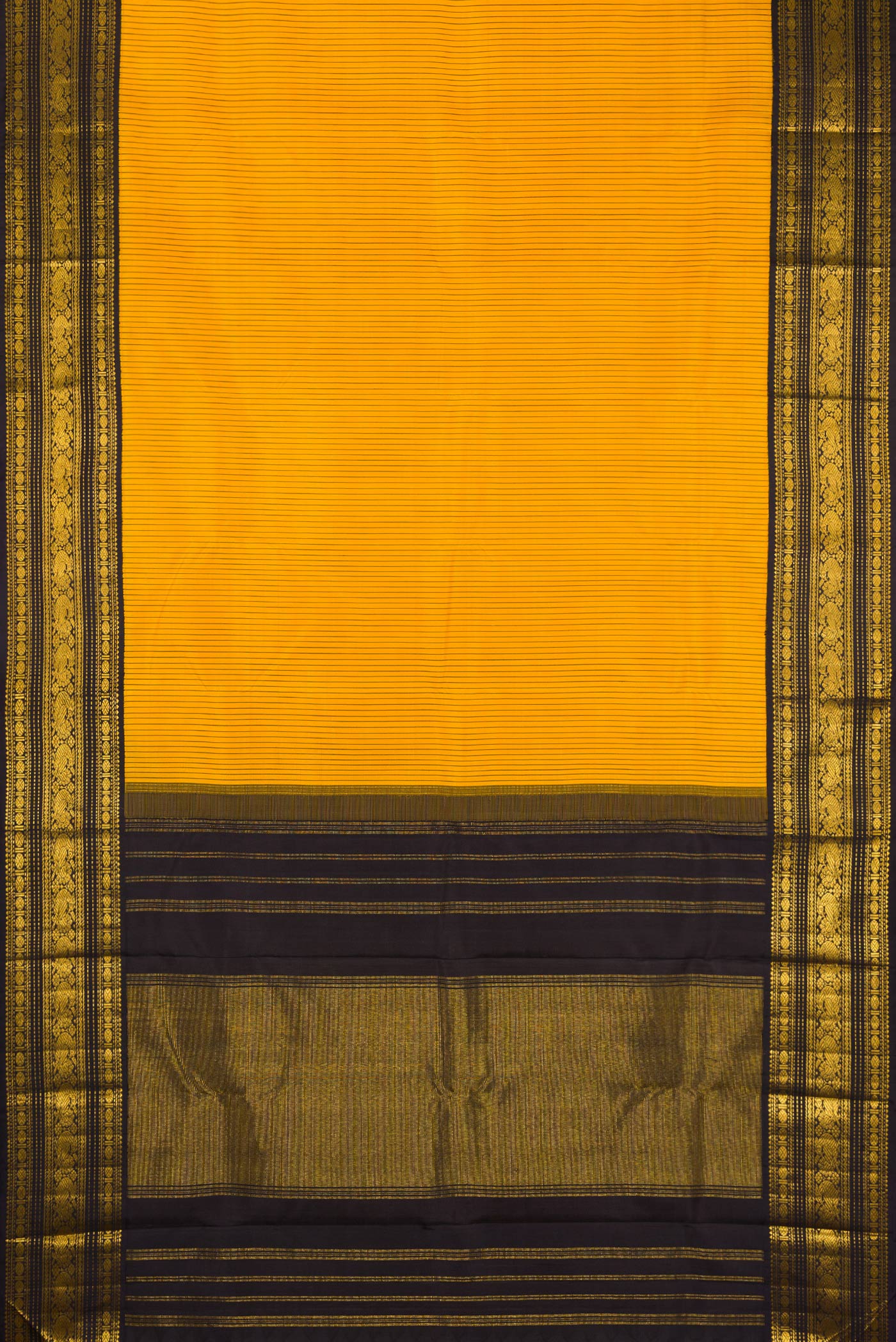Flat view of Yellow Kanjivaram Silk Saree with Stripes on the body and Zari Border. 