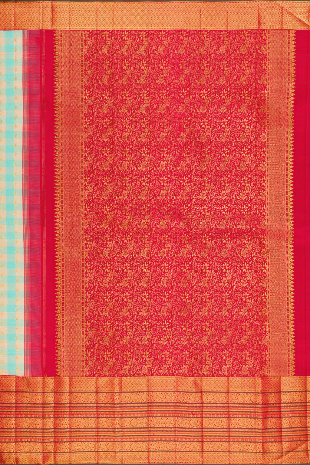 Close up image of the pallu of Sky Blue Kanchipuram Silk Saree with Checked design on the body and Zari Border. 