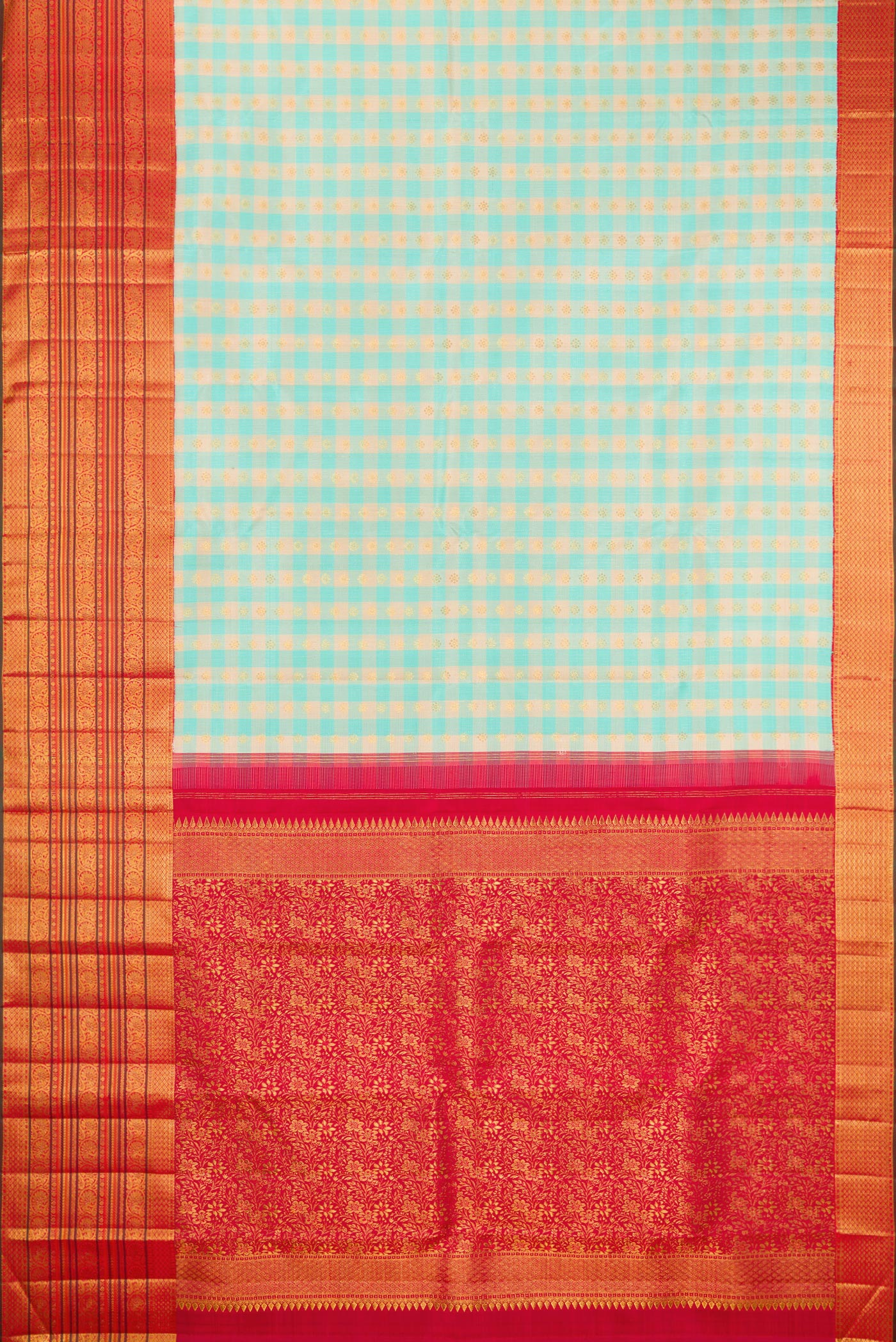Flat view of Sky Blue Kanchipuram Silk Saree with Checked design on the body and Zari Border. 