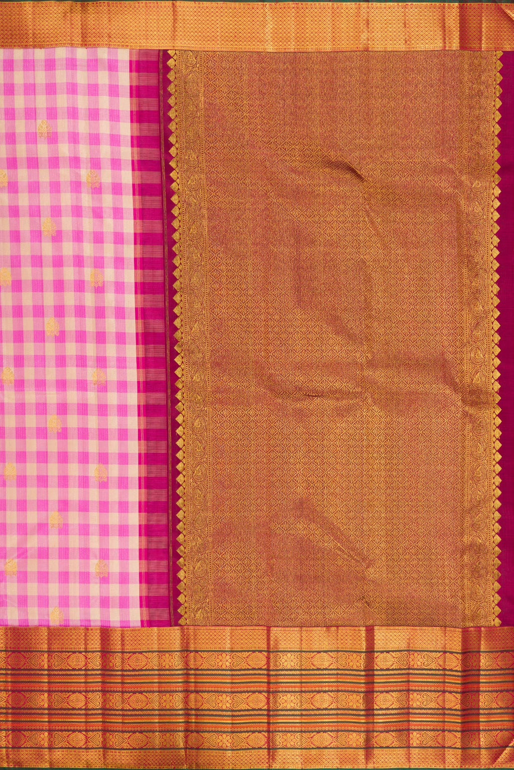 Close up image of the pallu of Multi Color Kanchipuram Silk Saree with Checked design on the body and Fancy Border. 