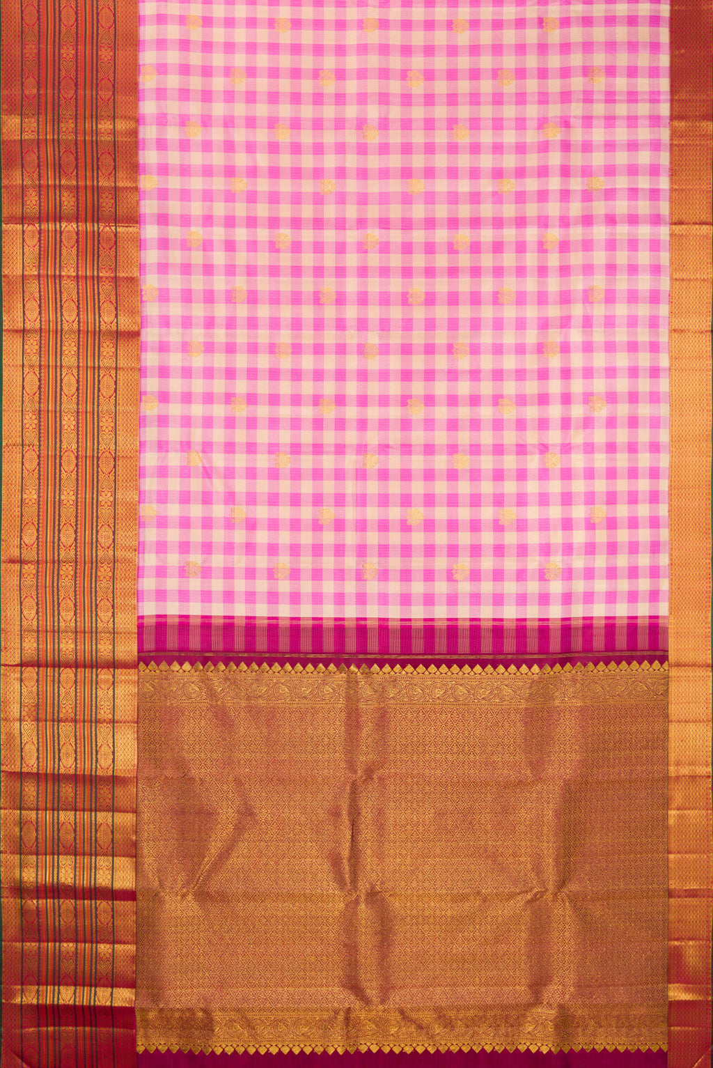 Flat view of Multi Color Kanchipuram Silk Saree with Checked design on the body and Fancy Border. 