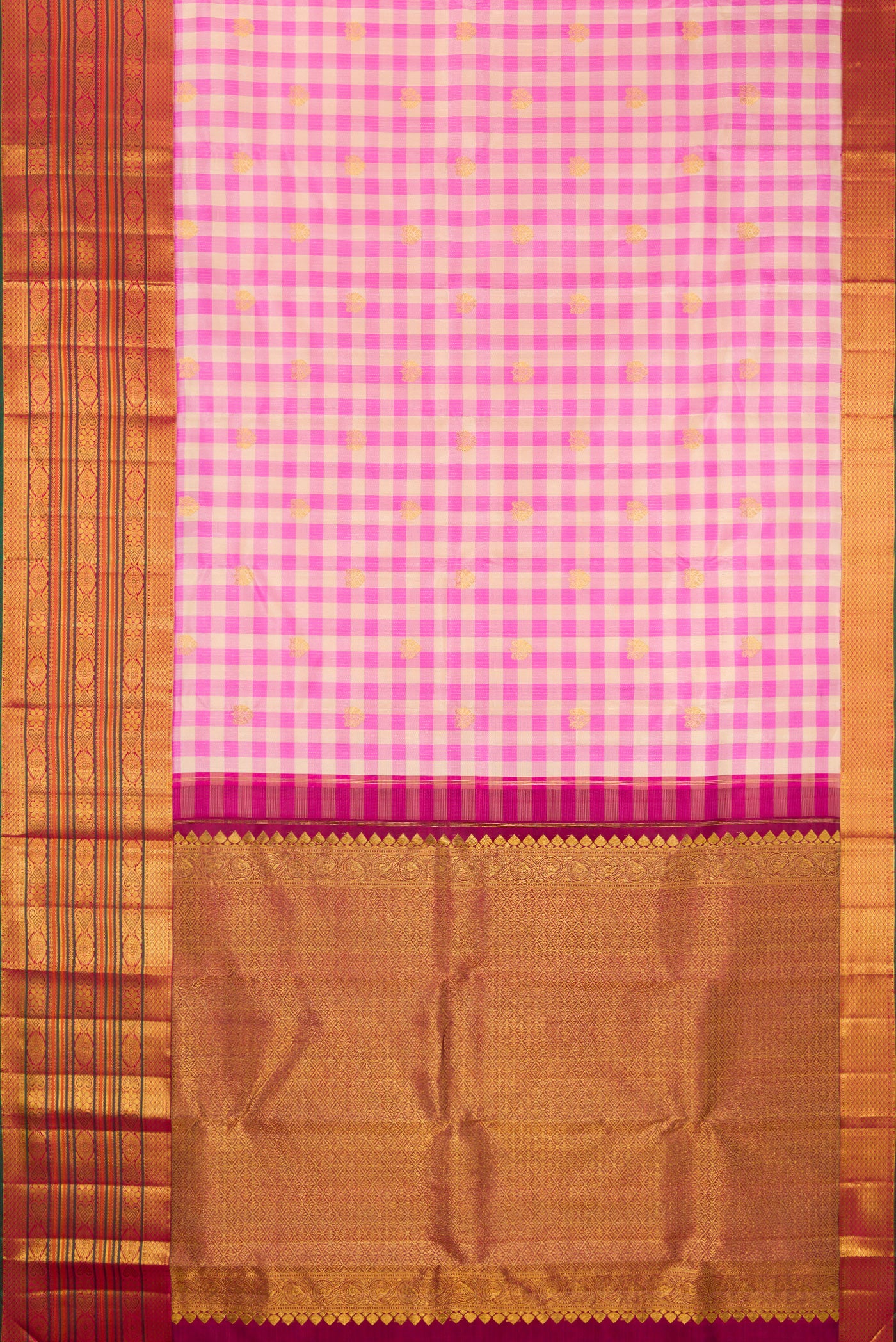 Flat view of Multi Color Kanchipuram Silk Saree with Checked design on the body and Fancy Border. 