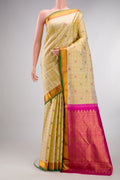 Pure Silk Pure Zari Sandal Dual Tone Kanjivaram Saree with Checked design on the body and Zari Border.  displayed on a mannequin