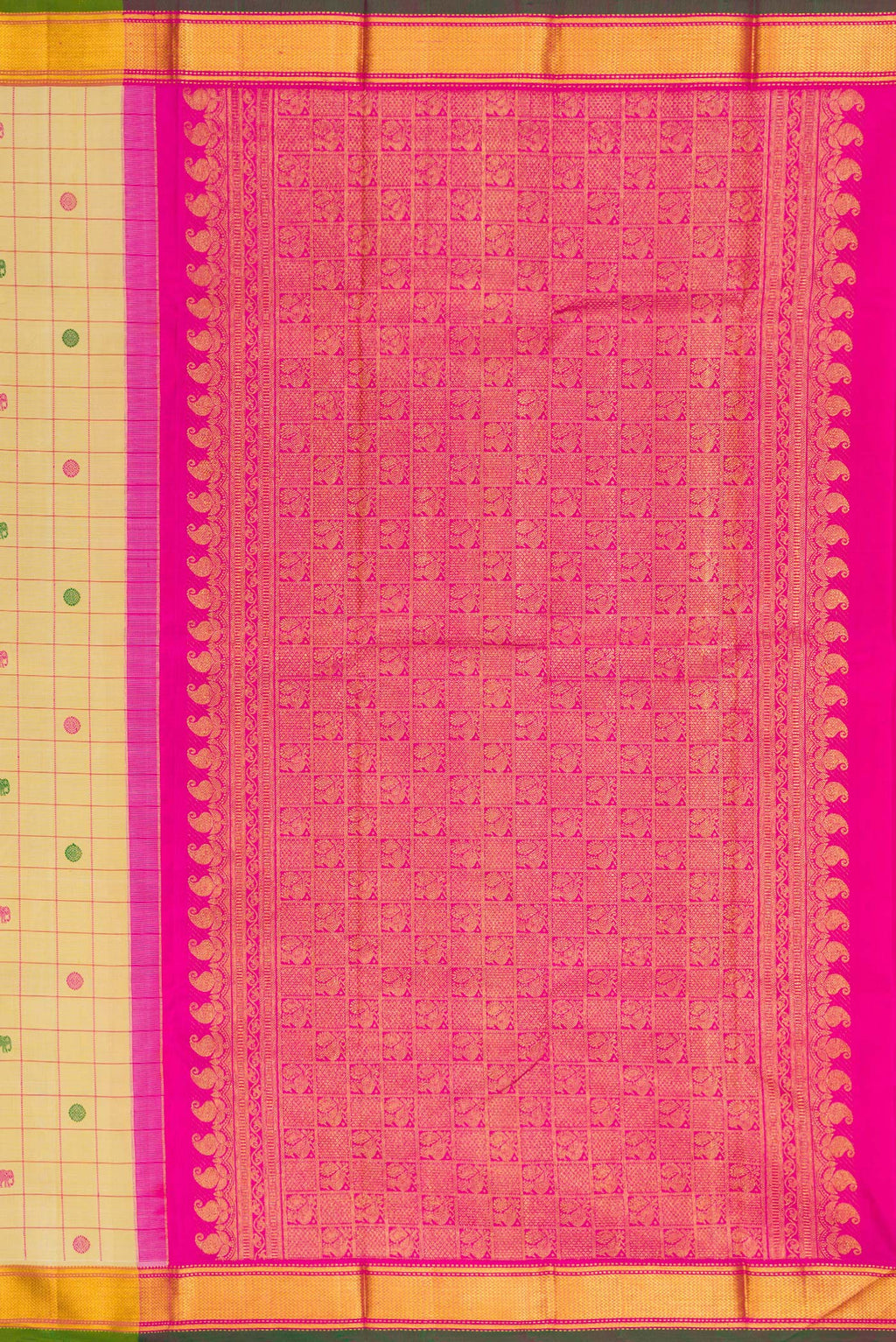 Close up image of the pallu of Pure Silk Pure Zari Sandal Dual Tone Kanjivaram Saree with Checked design on the body and Zari Border. 