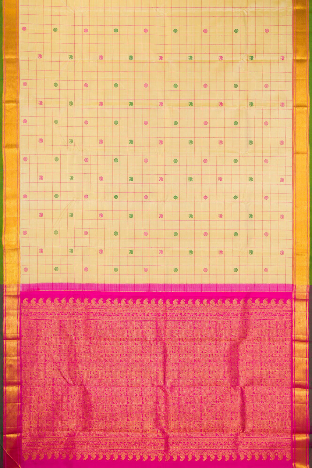 Flat view of Pure Silk Pure Zari Sandal Dual Tone Kanjivaram Saree with Checked design on the body and Zari Border. 