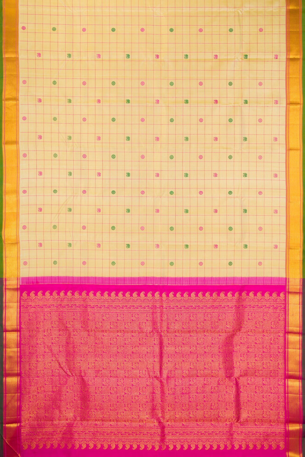 Flat view of Pure Silk Pure Zari Sandal Dual Tone Kanjivaram Saree with Checked design on the body and Zari Border. 