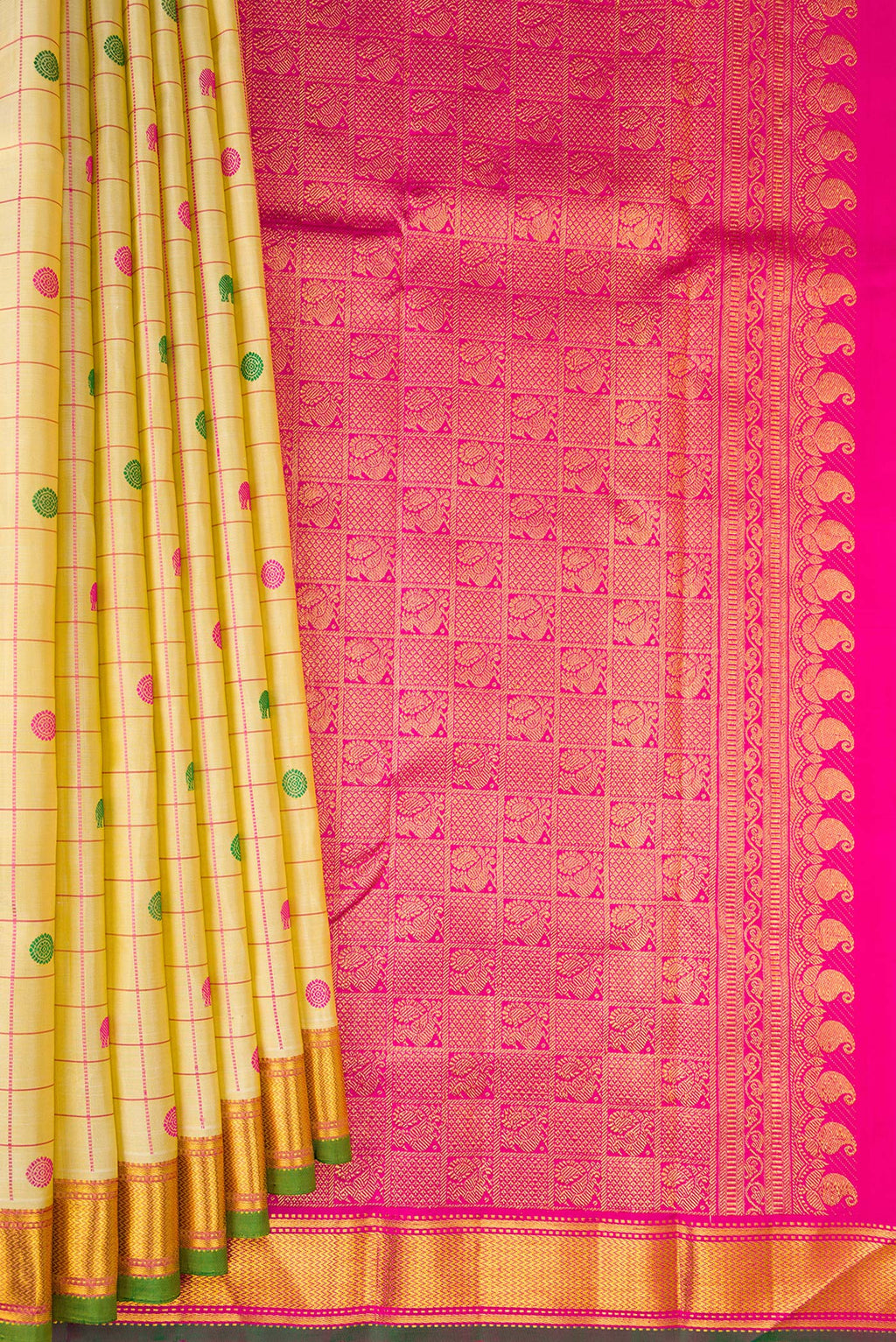 Pleats and pallu of Pure Silk Pure Zari Sandal Dual Tone Kanjivaram Saree with Checked design on the body and Zari Border. 