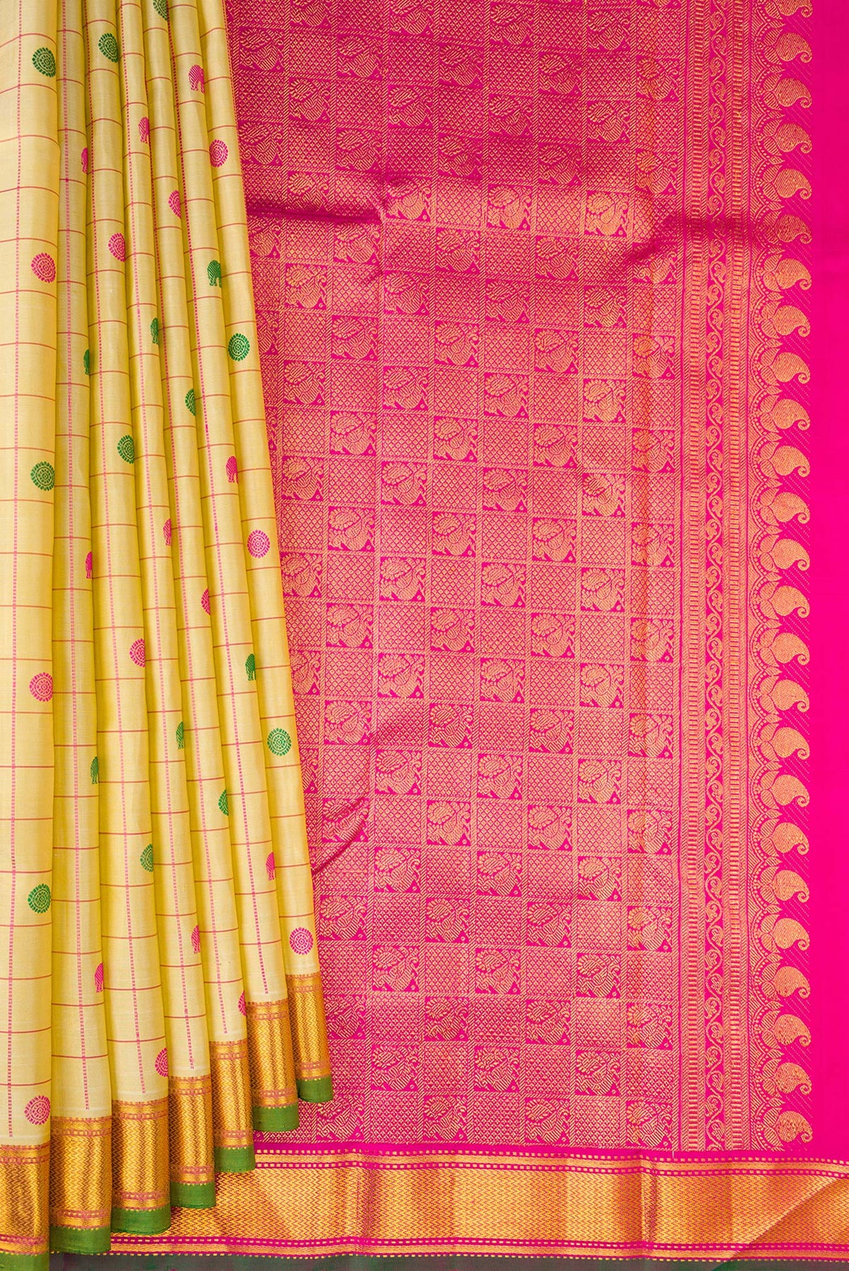 Pleats and pallu of Pure Silk Pure Zari Sandal Dual Tone Kanjivaram Saree with Checked design on the body and Zari Border. 