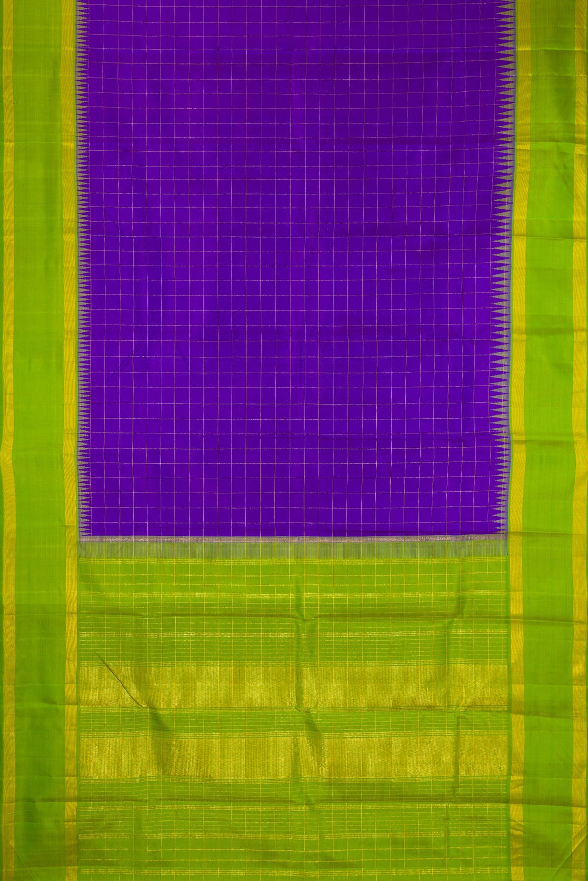 Flat view of Pure Silk Violet Dual Tone Kanjivaram Saree with Checked design on the body and Zari Border. 