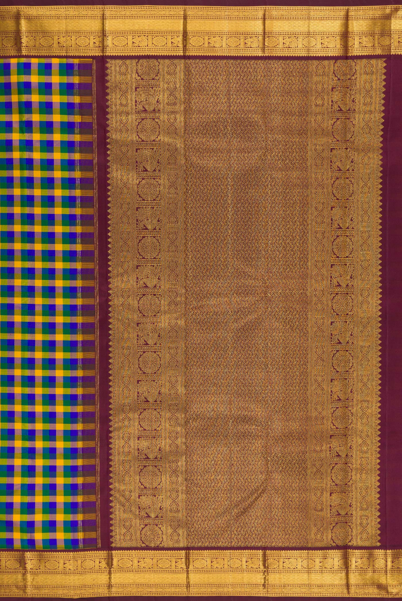 Close up image of the pallu of Multi Color Kanjivaram Silk Saree with Checked design on the body and Zari Border. 