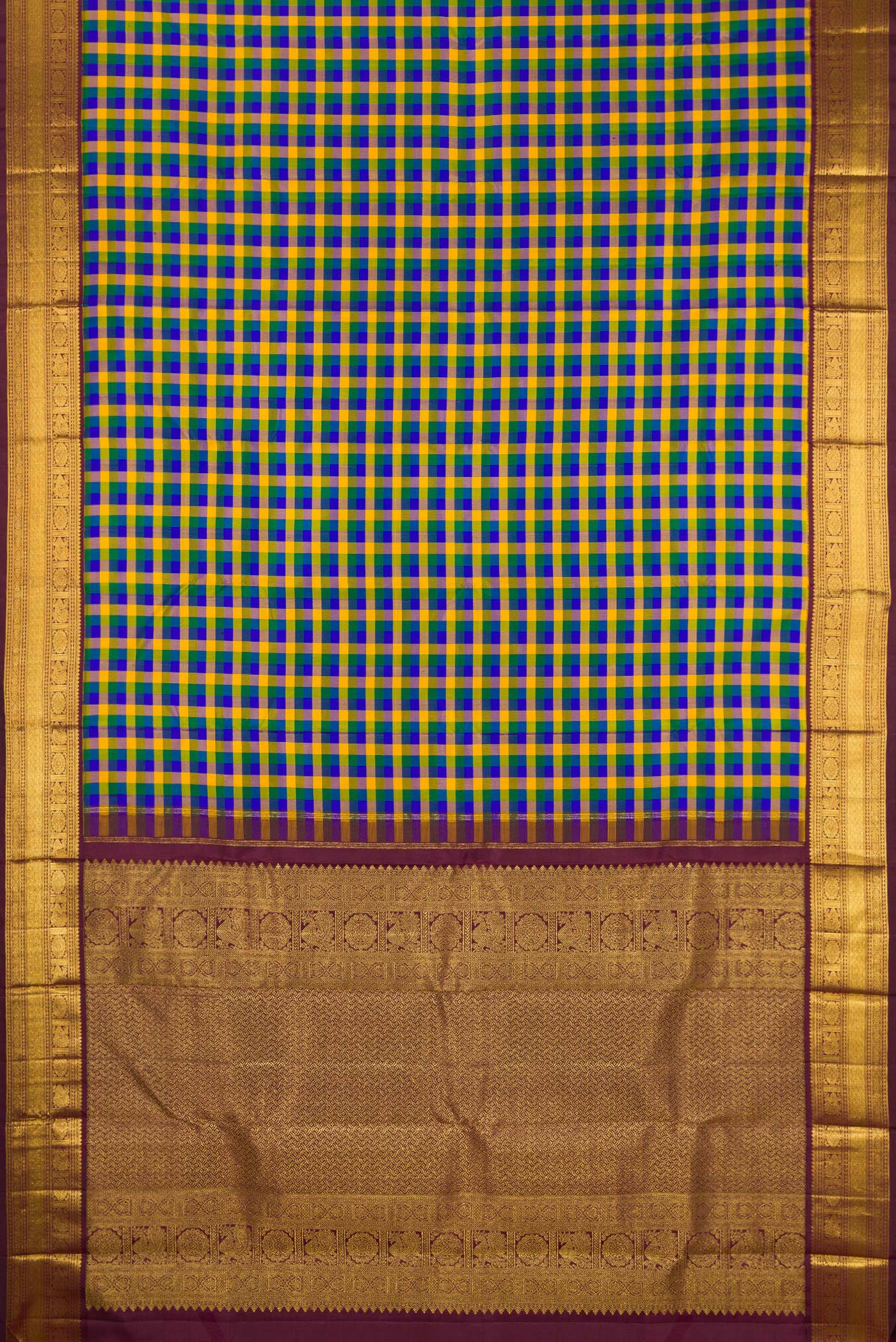 Flat view of Multi Color Kanjivaram Silk Saree with Checked design on the body and Zari Border. 