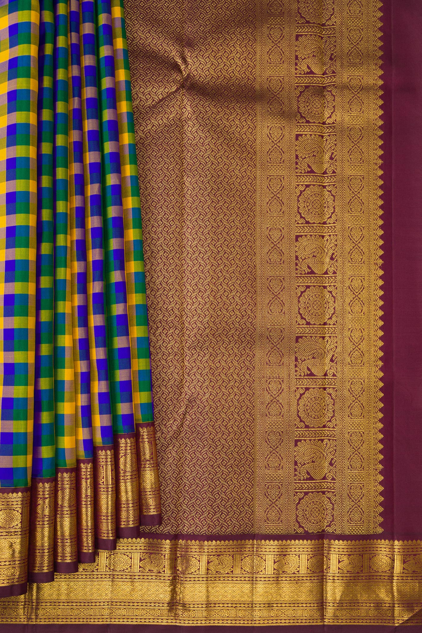 Pleats and pallu of Multi Color Kanjivaram Silk Saree with Checked design on the body and Zari Border. 