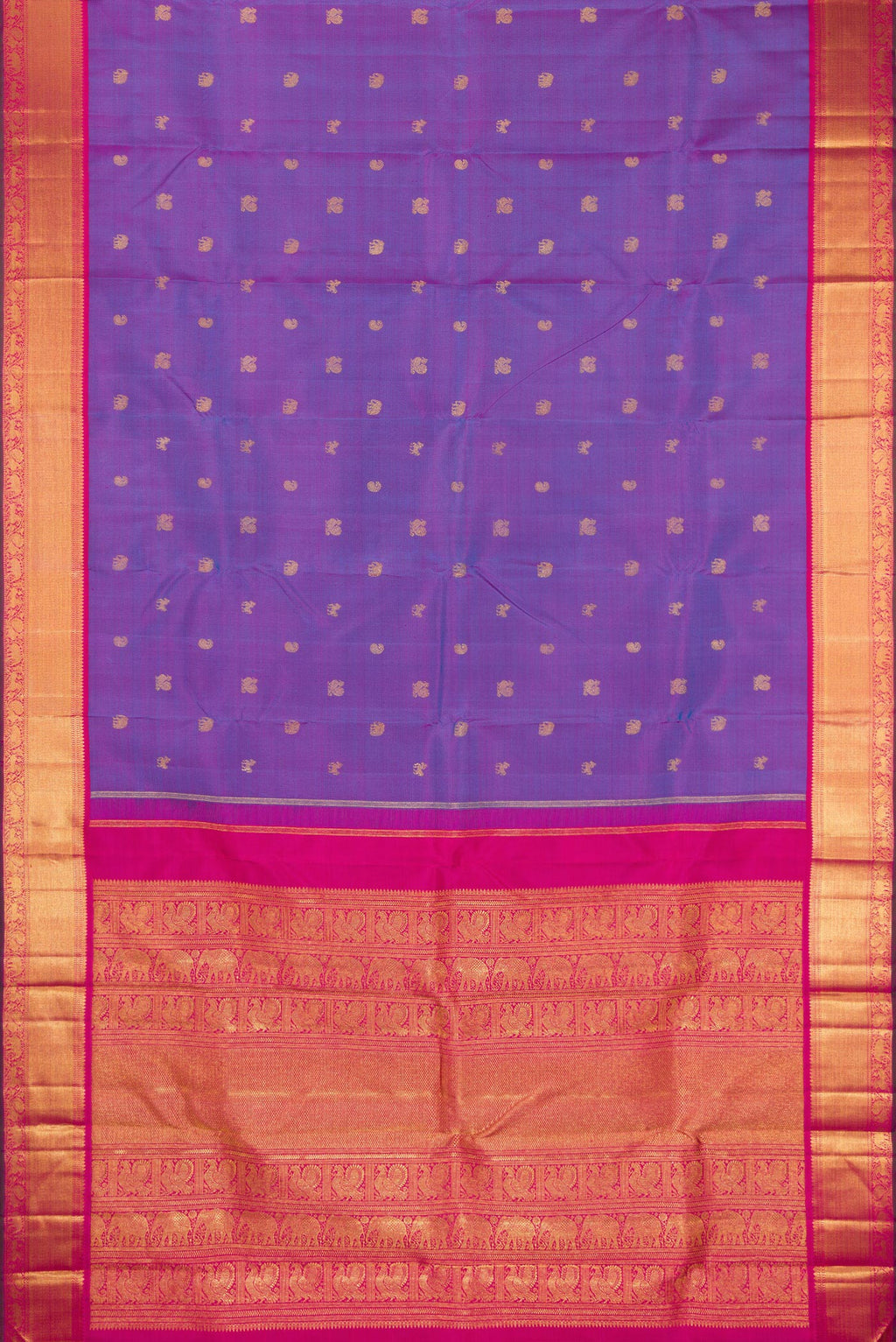 Flat view of Purple Dual Tone Kanchipuram Silk Saree with Zari Butta on the body and Zari Border. 