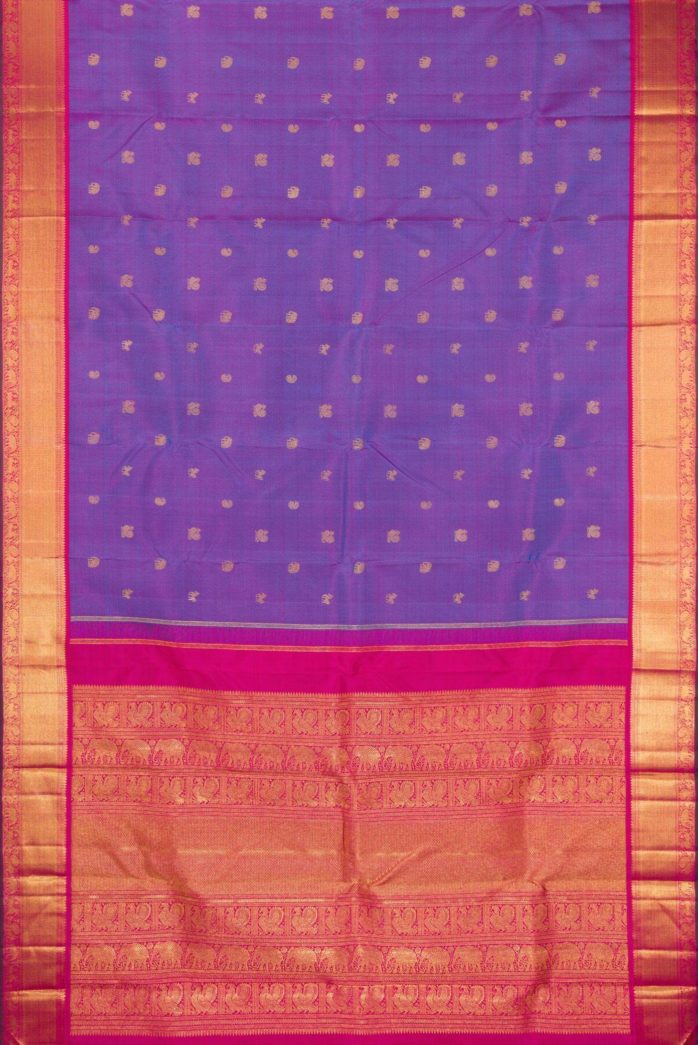 Flat view of Purple Dual Tone Kanchipuram Silk Saree with Zari Butta on the body and Zari Border. 