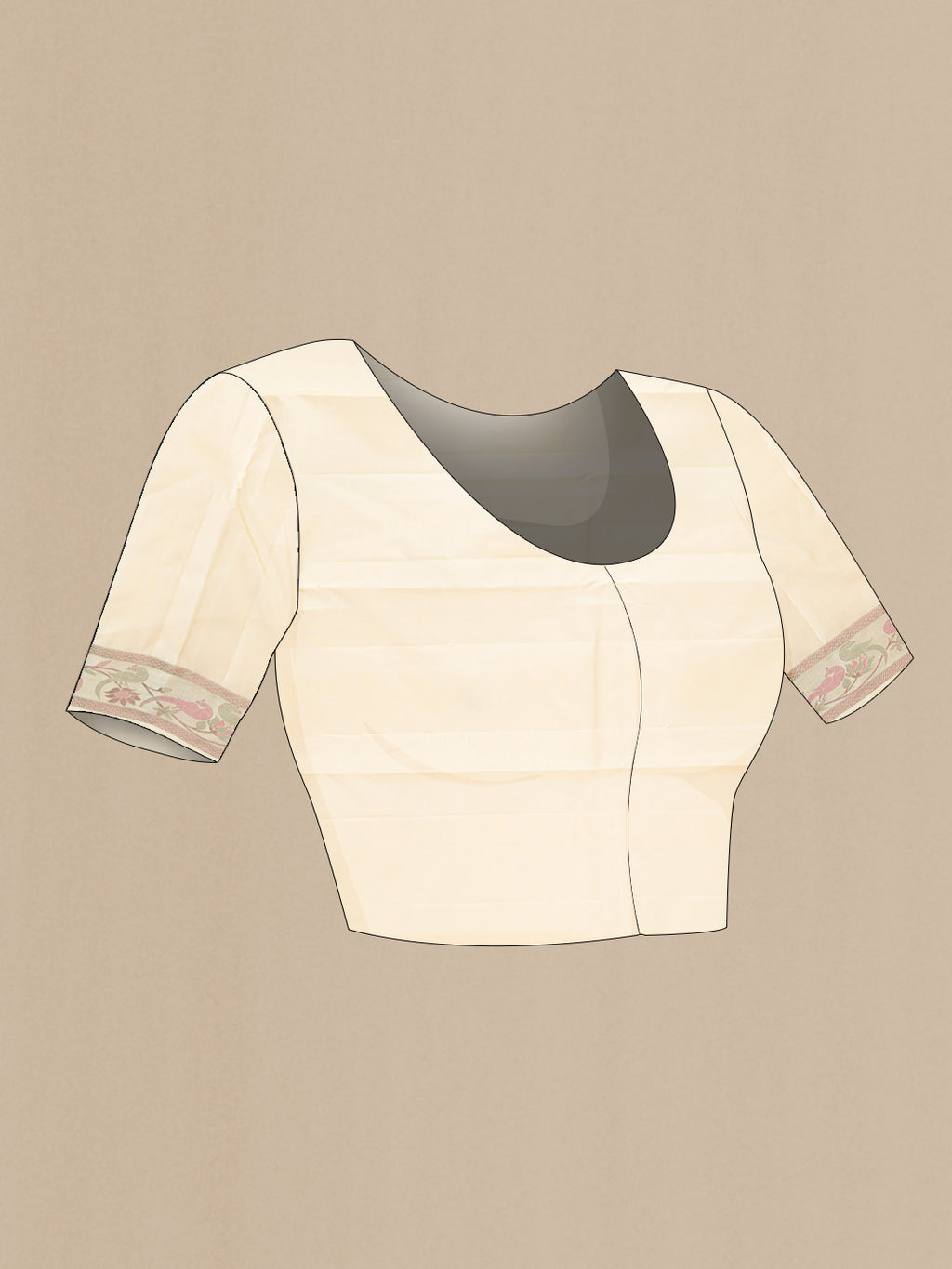 Close up image of the blouse of Cream Kanjivaram Silk Saree with Thread Butta on the body and Fancy Border. 