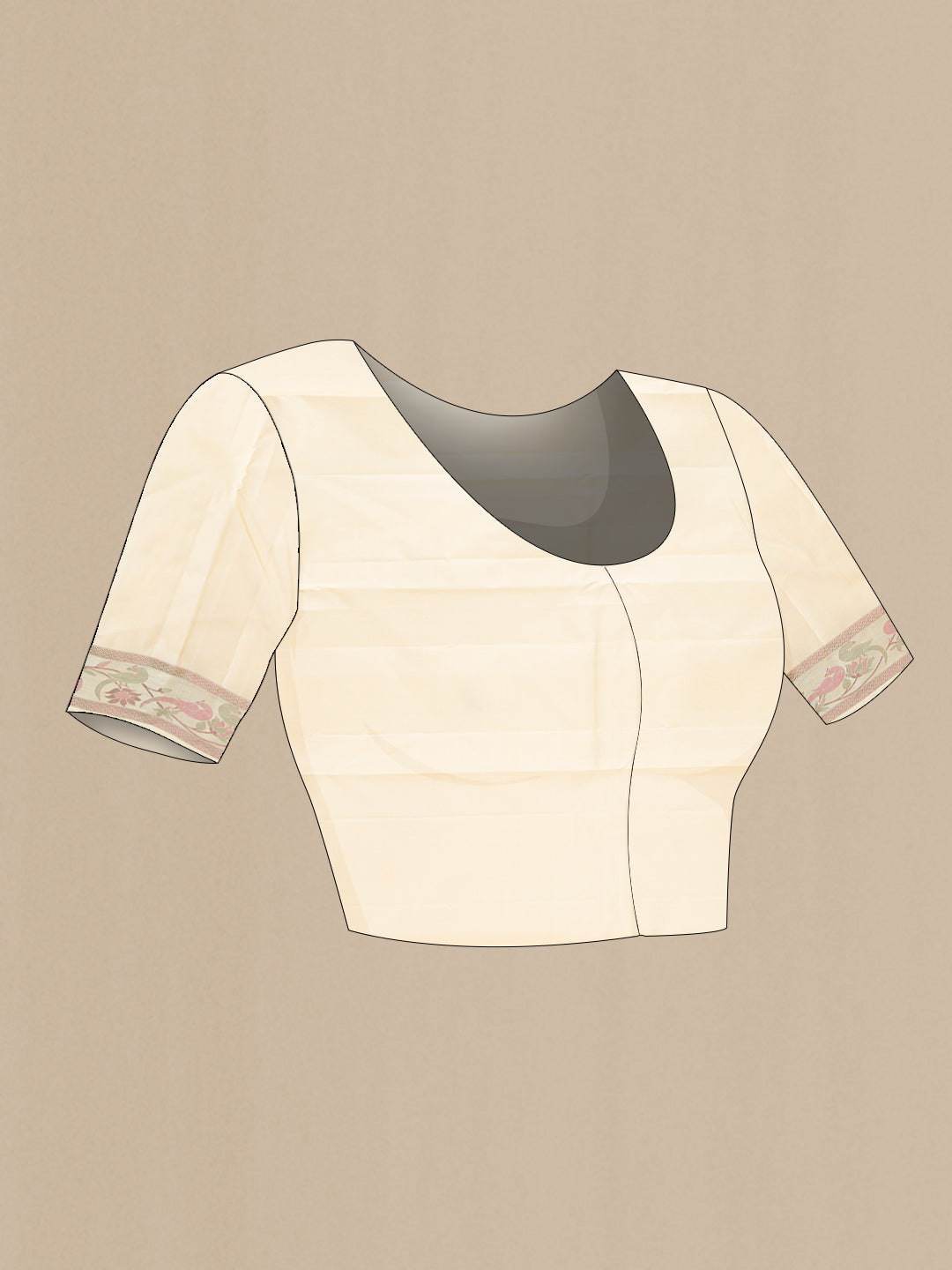 Close up image of the blouse of Cream Kanjivaram Silk Saree with Thread Butta on the body and Fancy Border. 