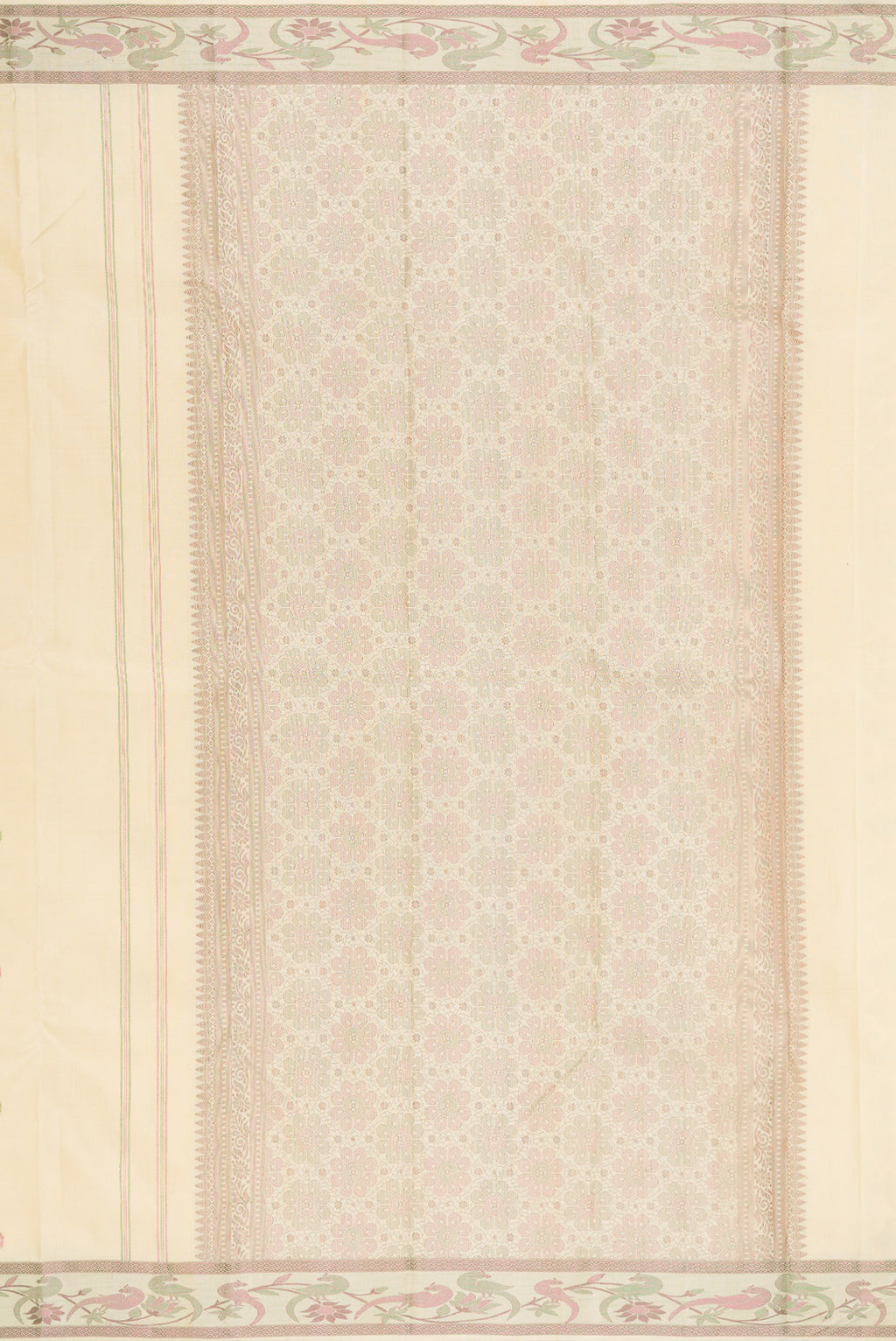 Close up image of the pallu of Cream Kanjivaram Silk Saree with Thread Butta on the body and Fancy Border. 