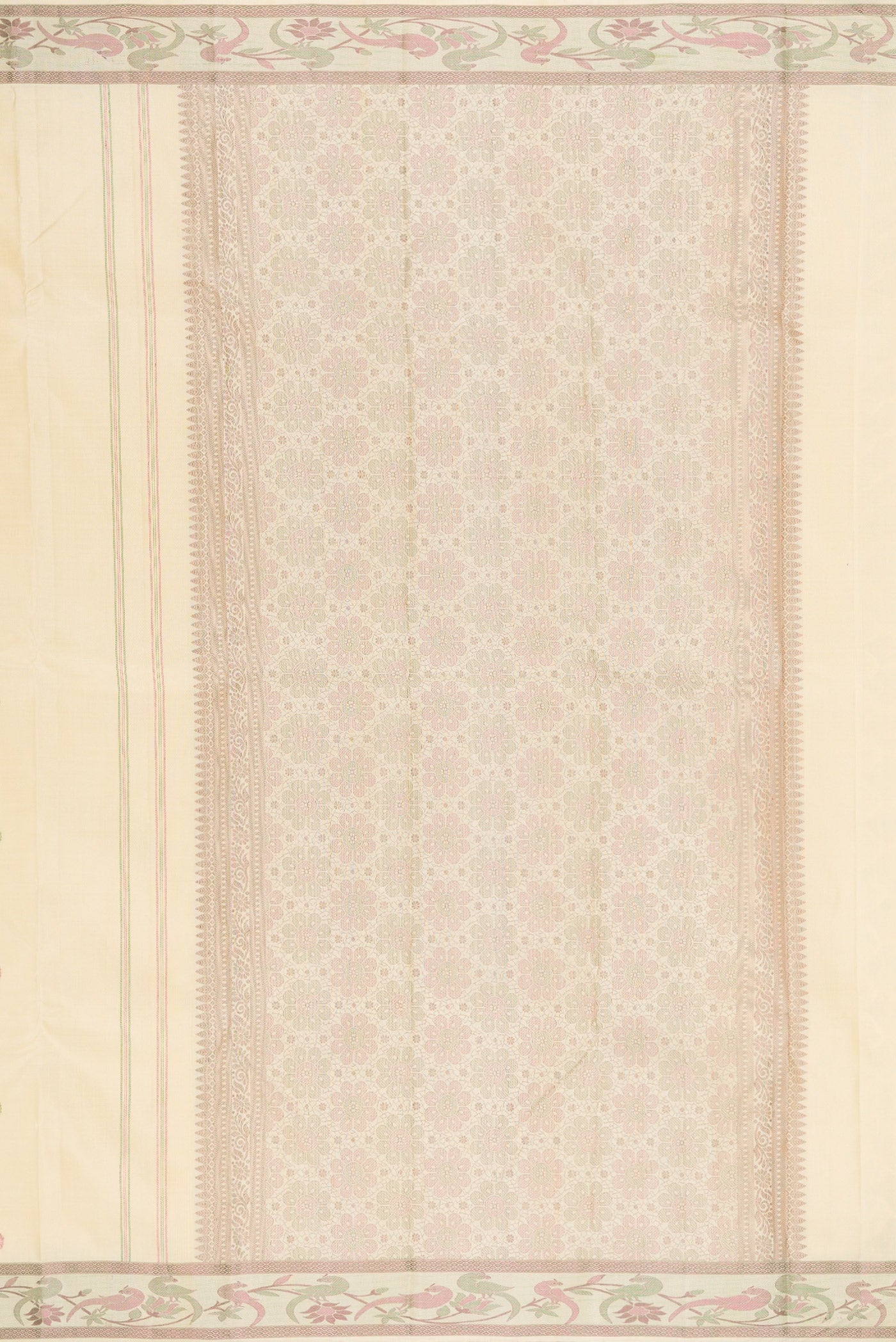 Close up image of the pallu of Cream Kanjivaram Silk Saree with Thread Butta on the body and Fancy Border. 