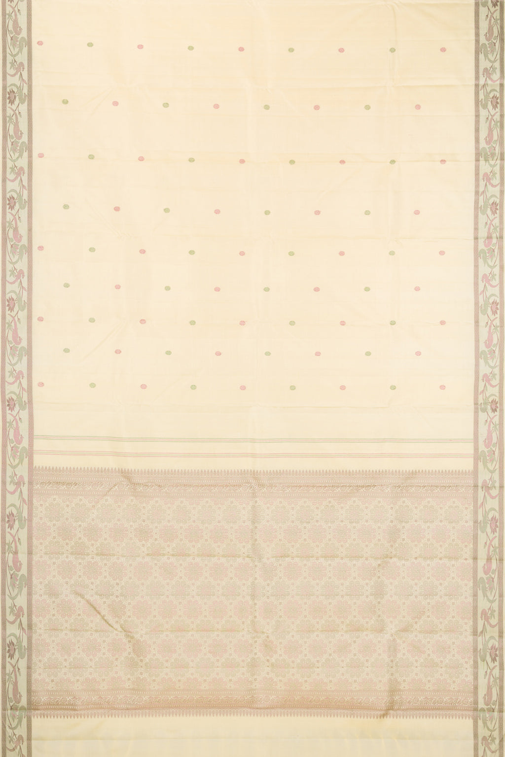 Flat view of Cream Kanjivaram Silk Saree with Thread Butta on the body and Fancy Border. 
