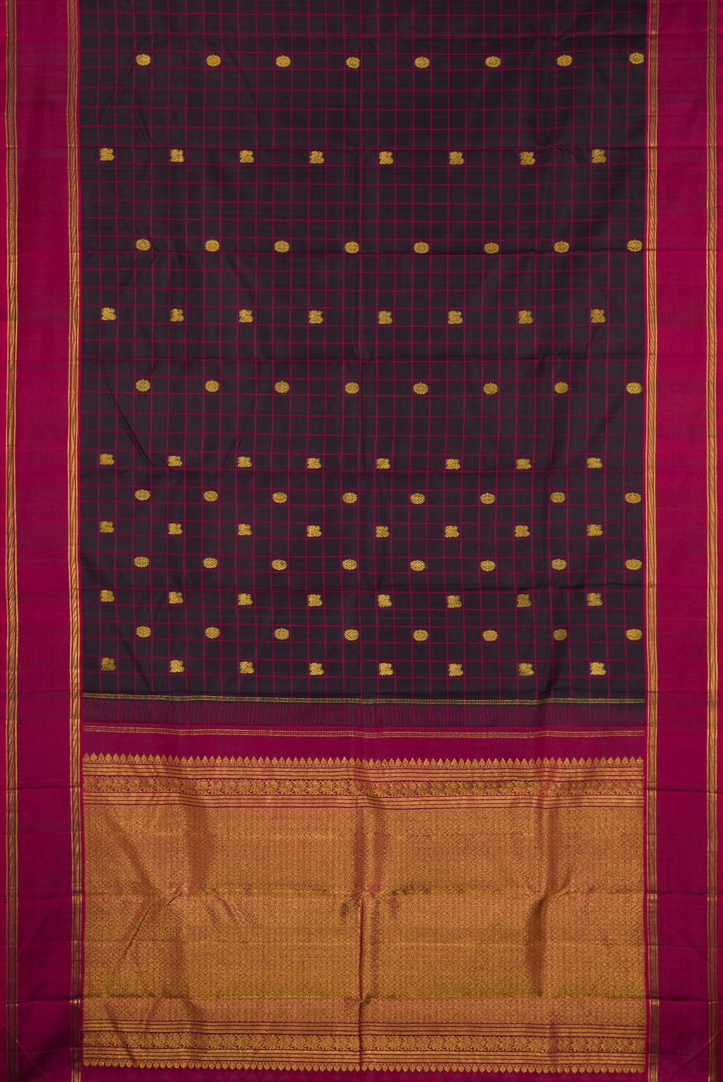 Flat view of Pure Silk Brown Kanjivaram Saree with Checked design on the body and Plain Border. 