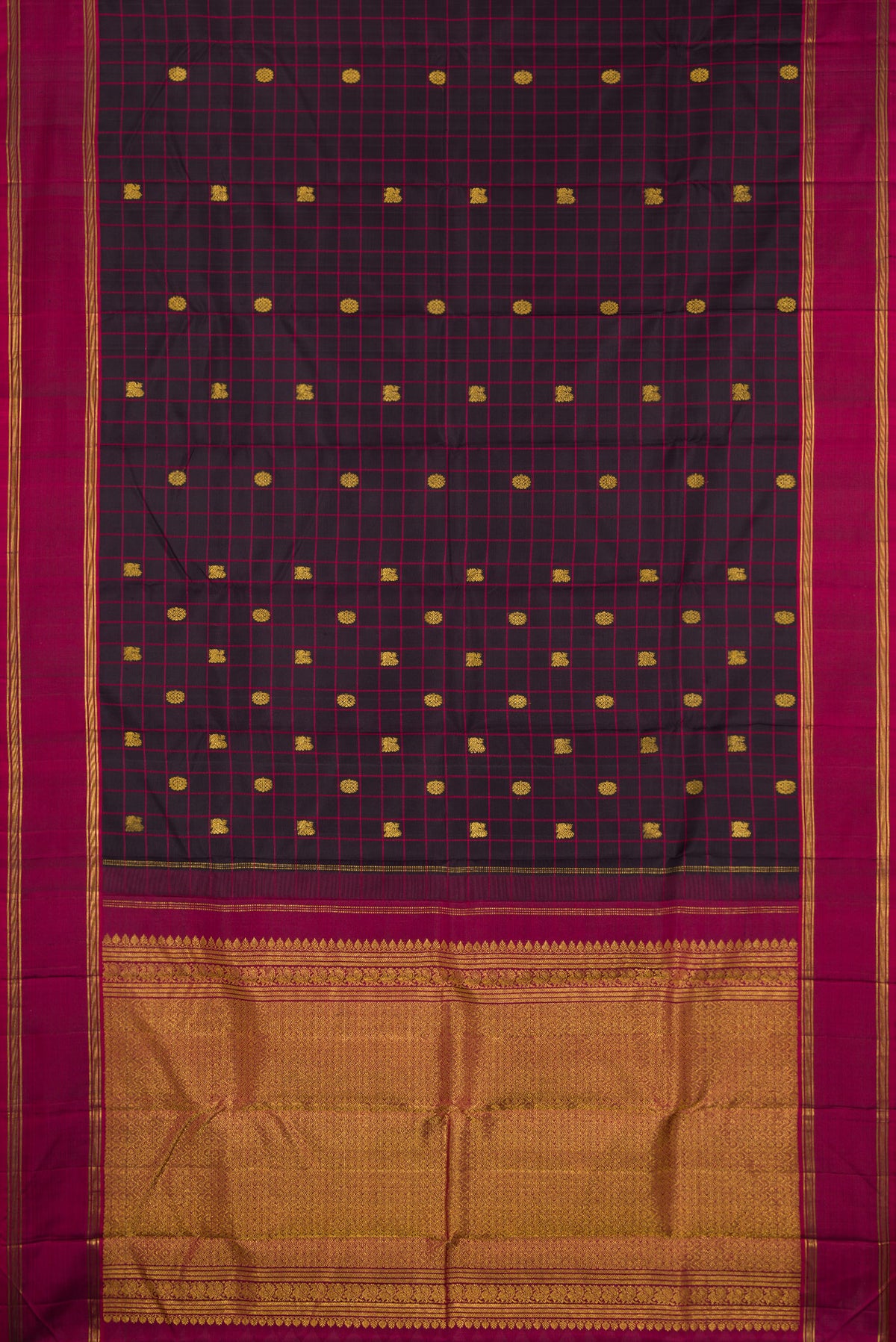 Flat view of Pure Silk Brown Kanjivaram Saree with Checked design on the body and Plain Border. 