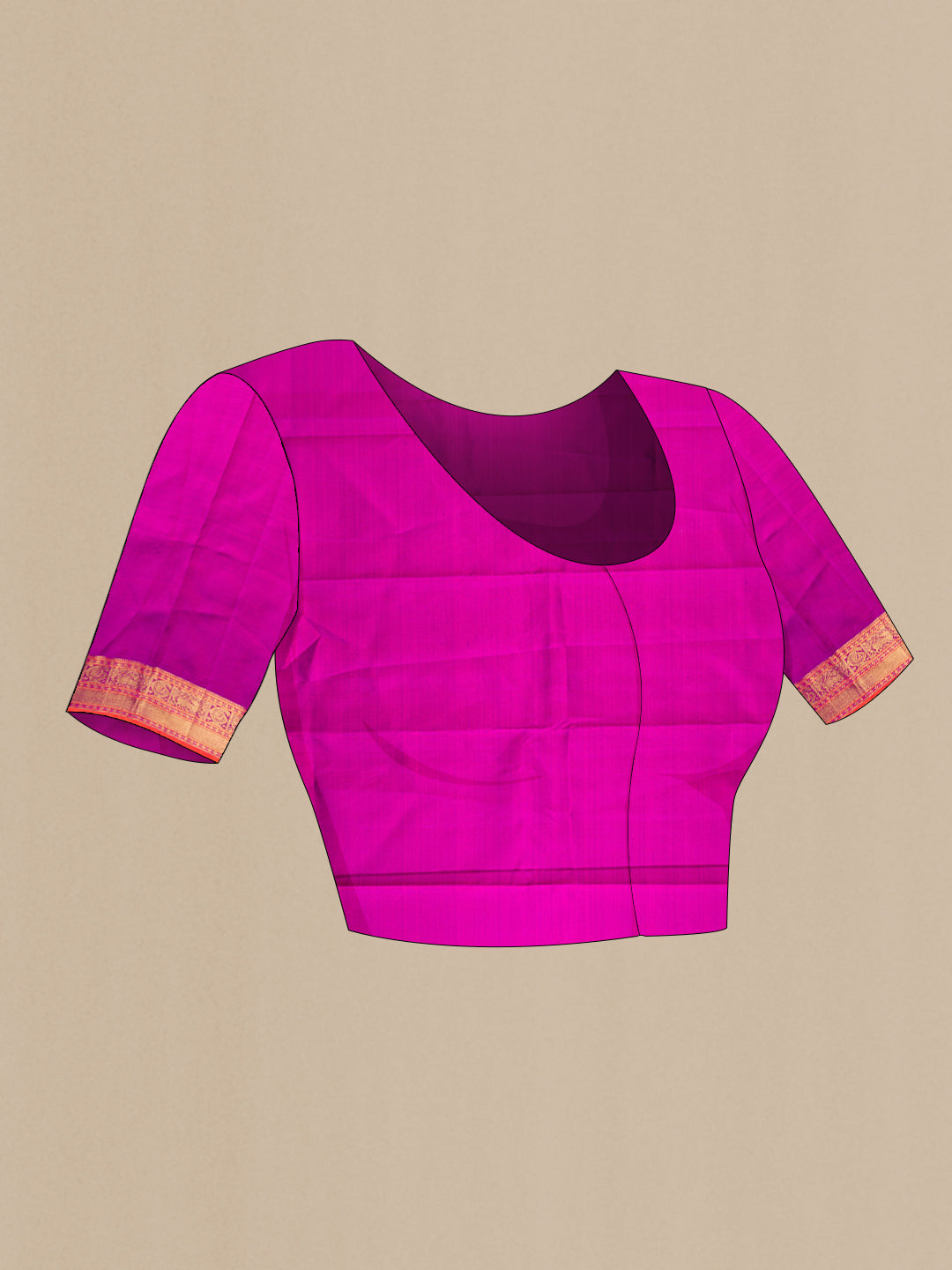 Close up image of the blouse of Pure Silk Pure Zari Pink Dual Tone Kanjivaram Saree with Zari Butta on the body and Zari Border. 