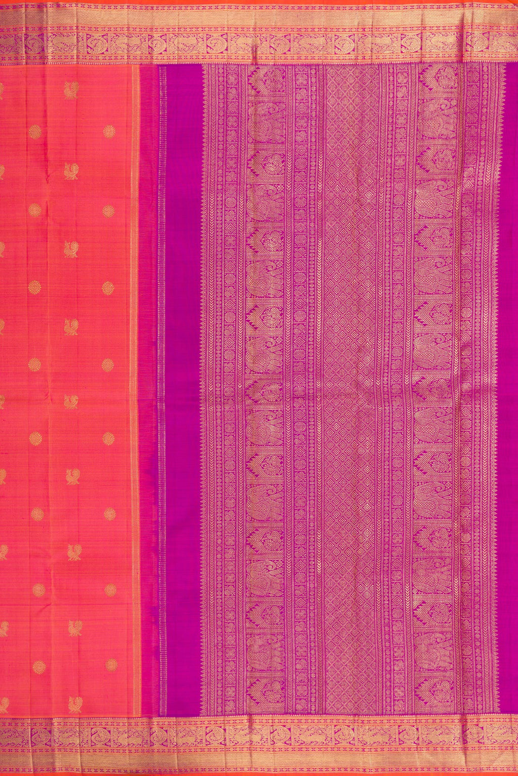 Close up image of the pallu of Pure Silk Pure Zari Pink Dual Tone Kanjivaram Saree with Zari Butta on the body and Zari Border. 