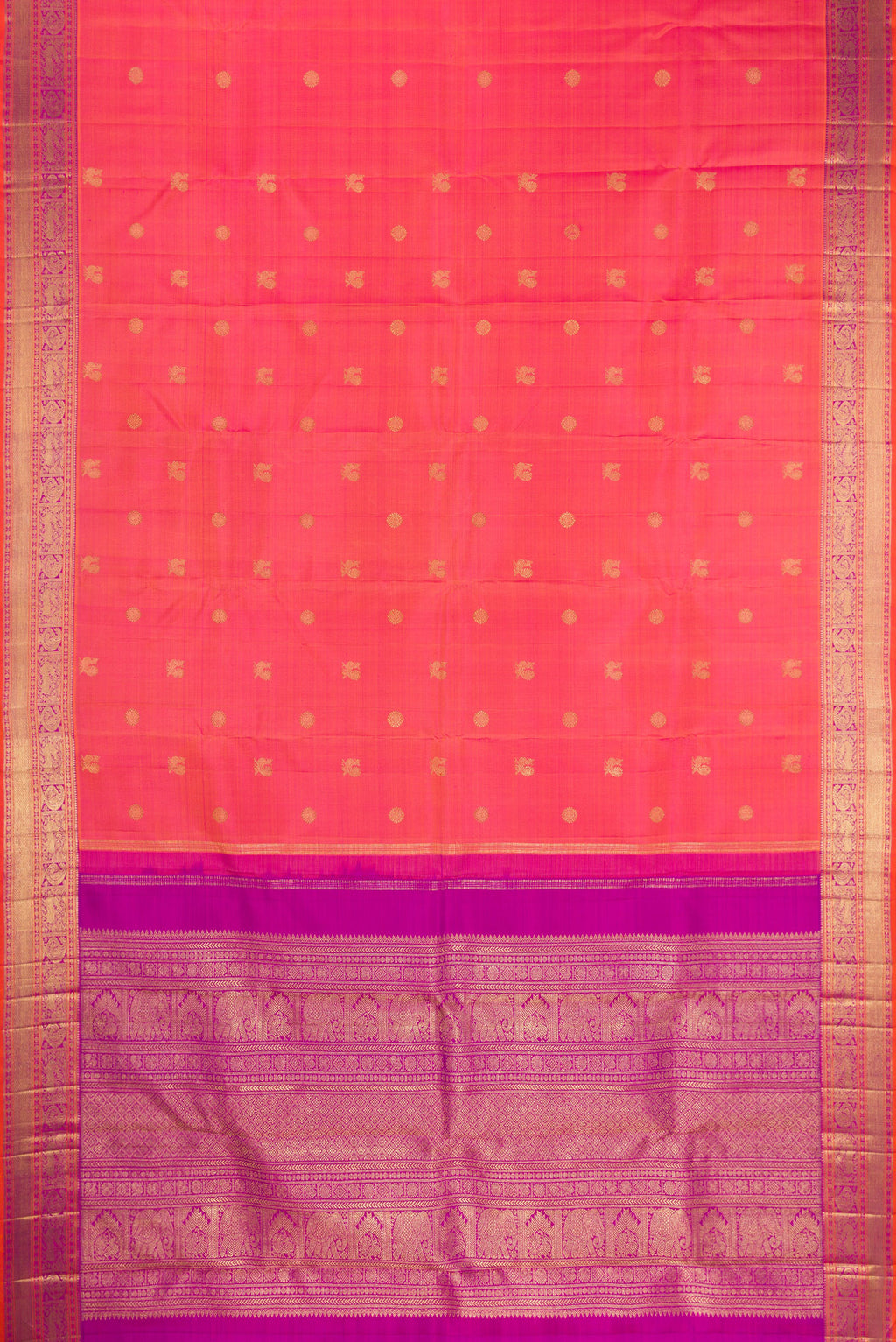 Flat view of Pure Silk Pure Zari Pink Dual Tone Kanjivaram Saree with Zari Butta on the body and Zari Border. 