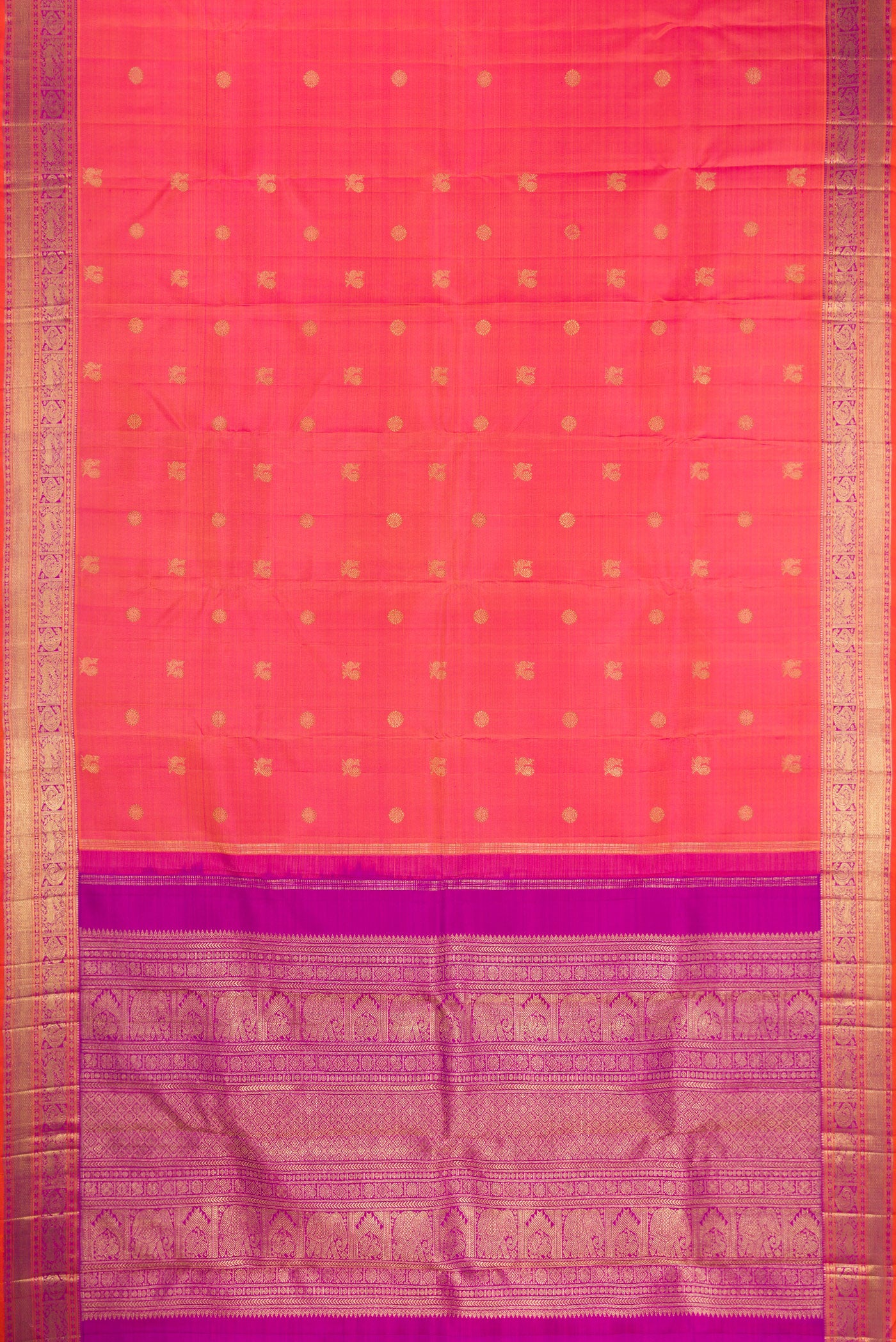 Flat view of Pure Silk Pure Zari Pink Dual Tone Kanjivaram Saree with Zari Butta on the body and Zari Border. 