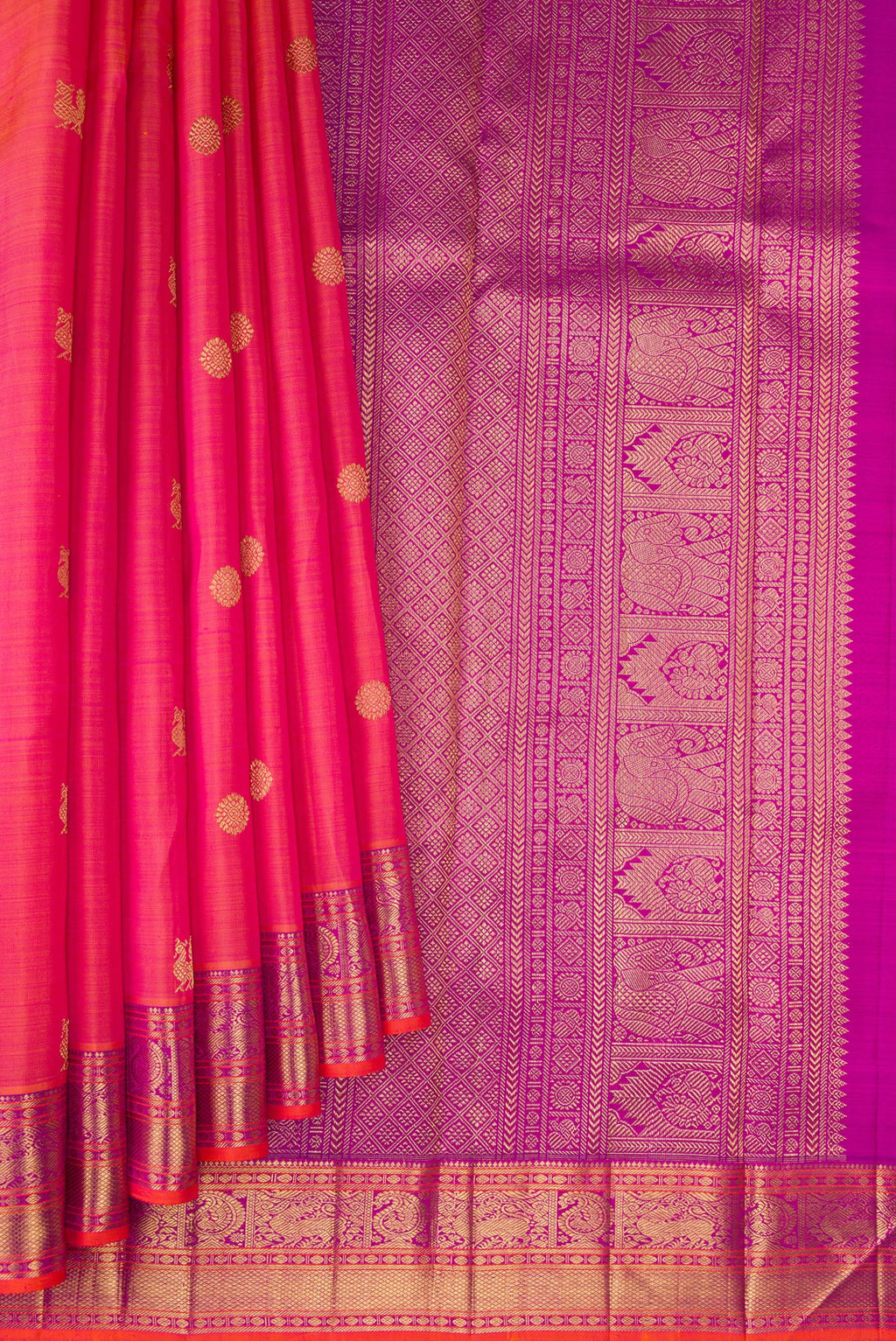 Pleats and pallu of Pure Silk Pure Zari Pink Dual Tone Kanjivaram Saree with Zari Butta on the body and Zari Border. 
